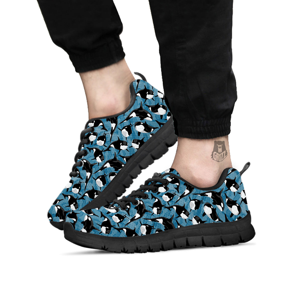 Blue Killer Whale Print Pattern Black Sneaker-grizzshop