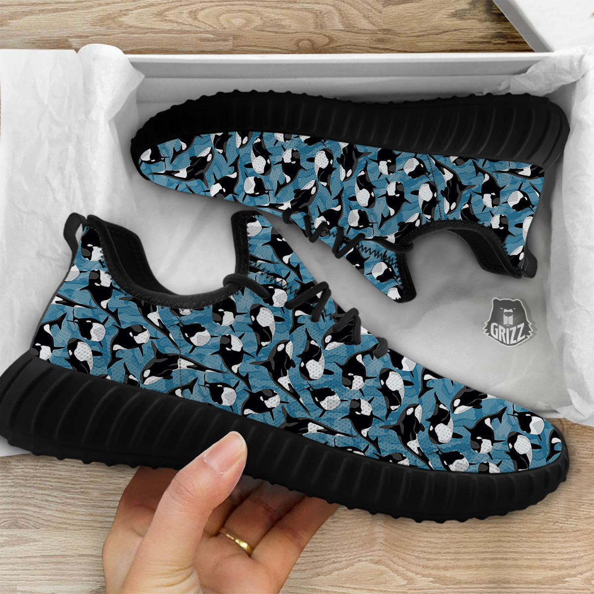 Blue Killer Whale Print Pattern Black Walking Shoes-grizzshop