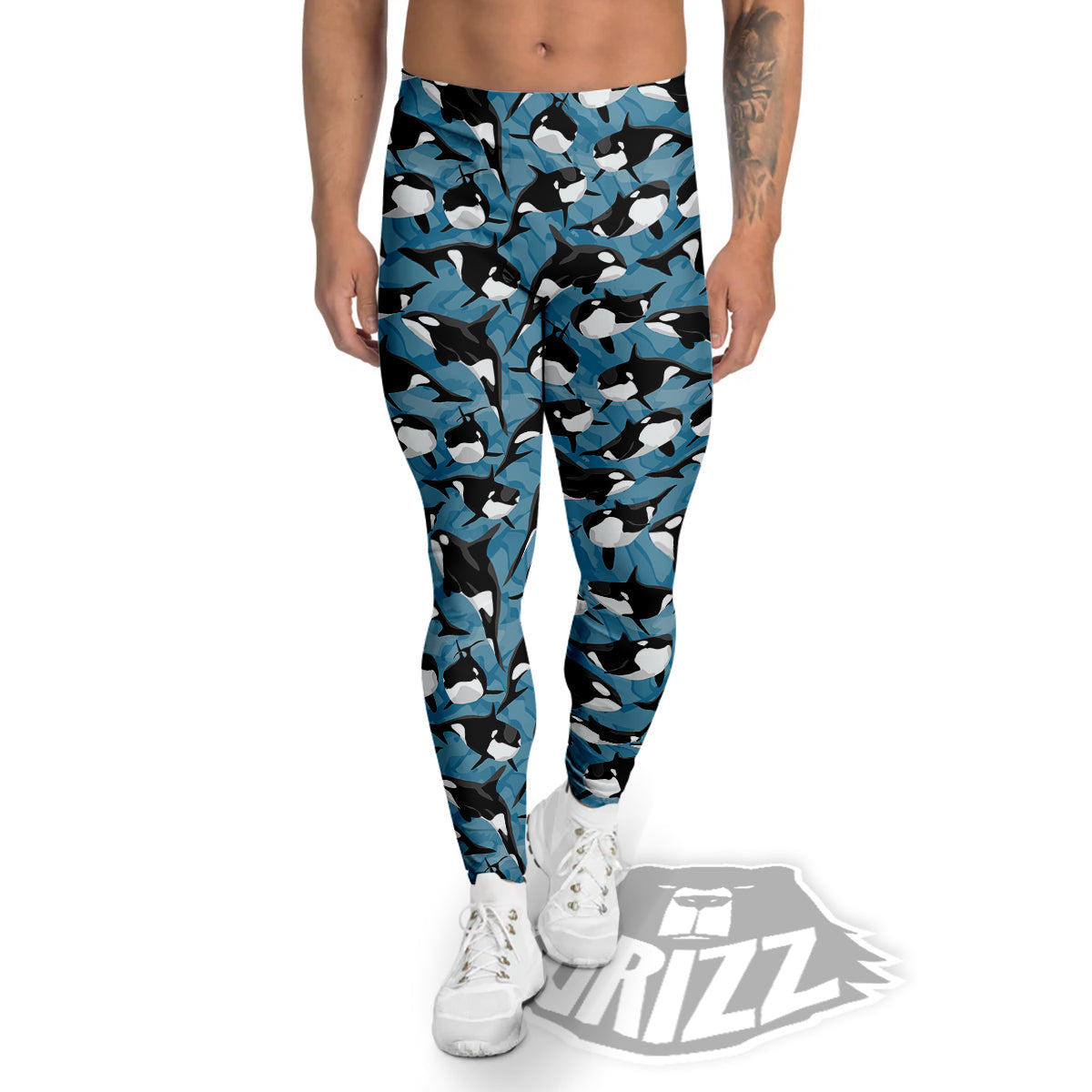 Blue Killer Whale Print Pattern Men's Leggings-grizzshop