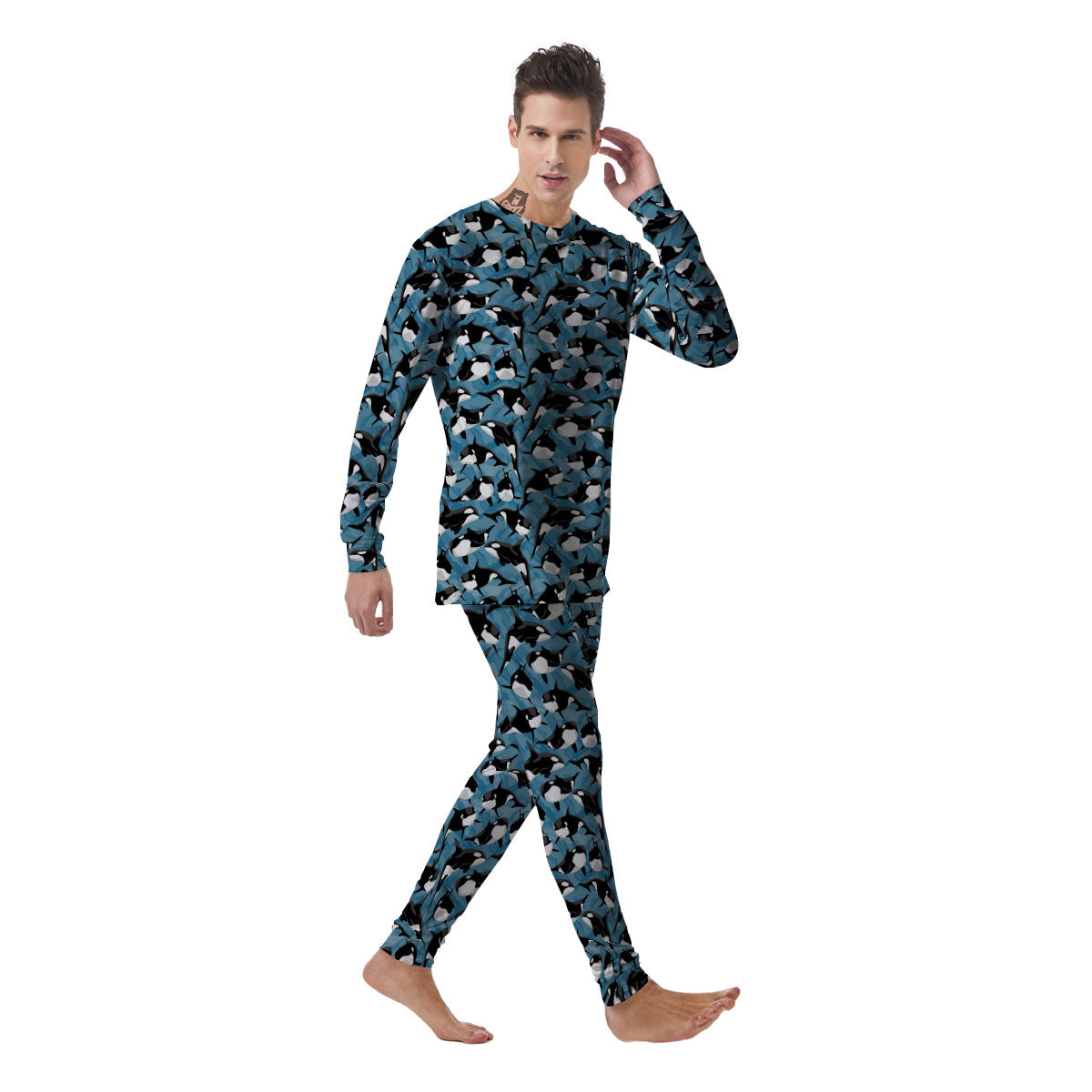 Blue Killer Whale Print Pattern Men's Pajamas-grizzshop