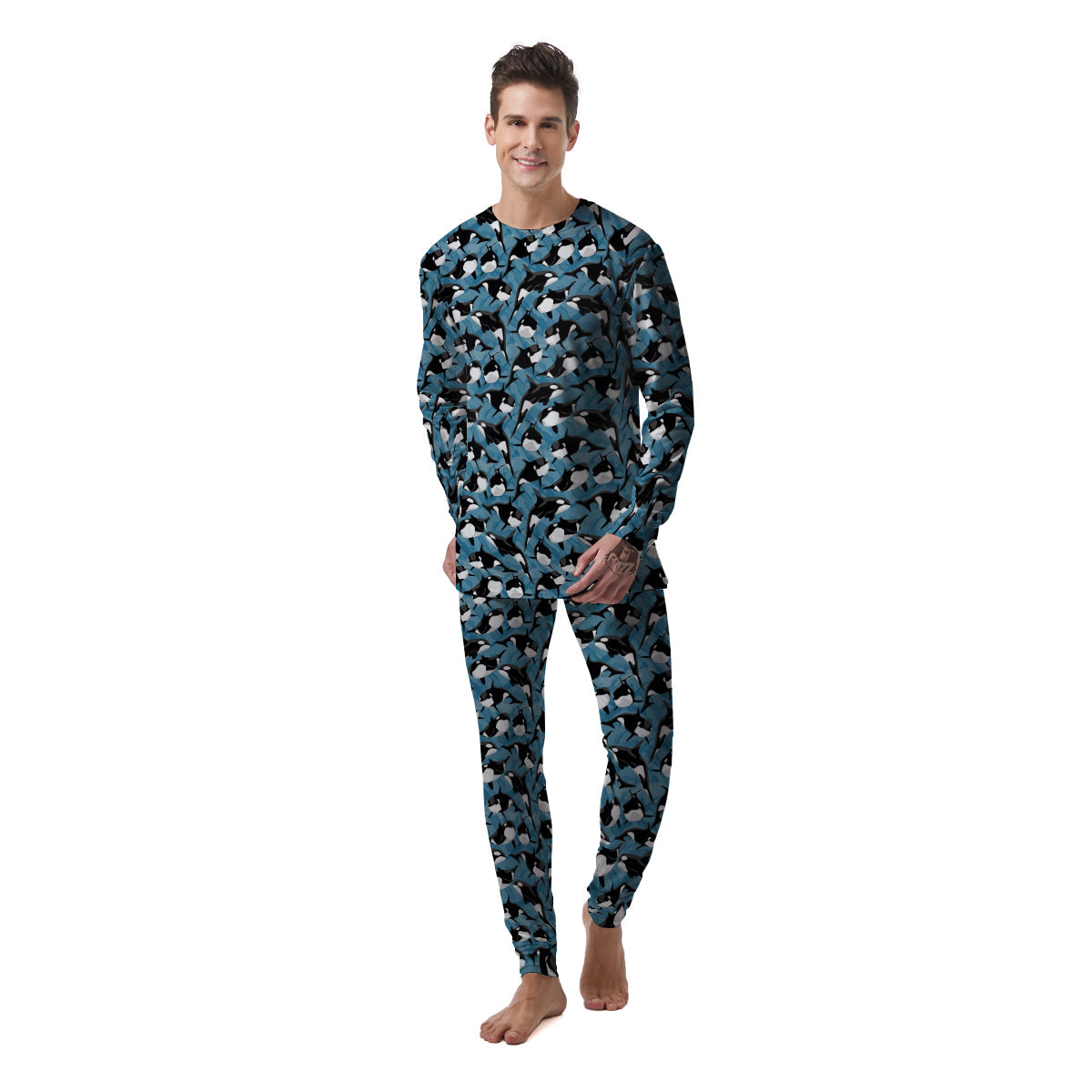 Blue Killer Whale Print Pattern Men's Pajamas-grizzshop