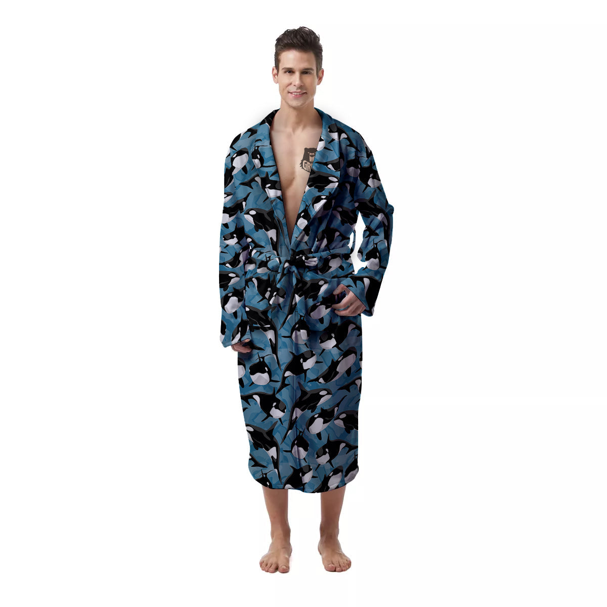 Blue Killer Whale Print Pattern Men's Robe-grizzshop
