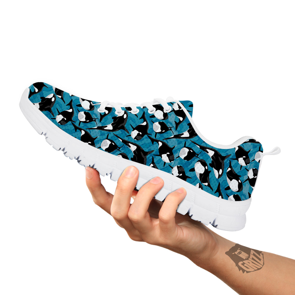 Blue Killer Whale Print Pattern White Sneaker-grizzshop