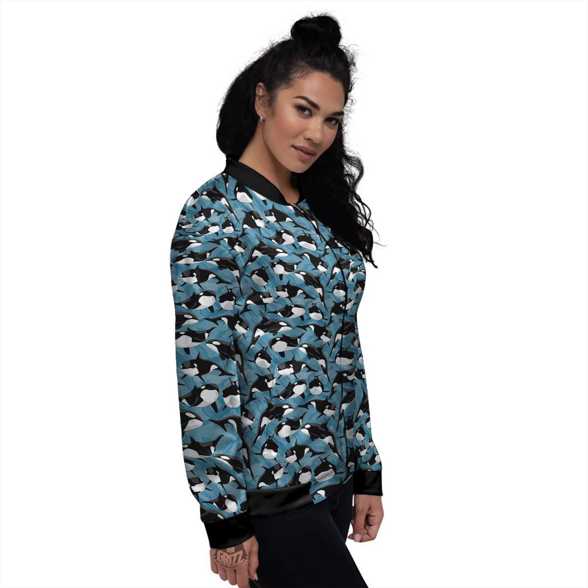 Blue Killer Whale Print Pattern Women's Bomber Jacket-grizzshop