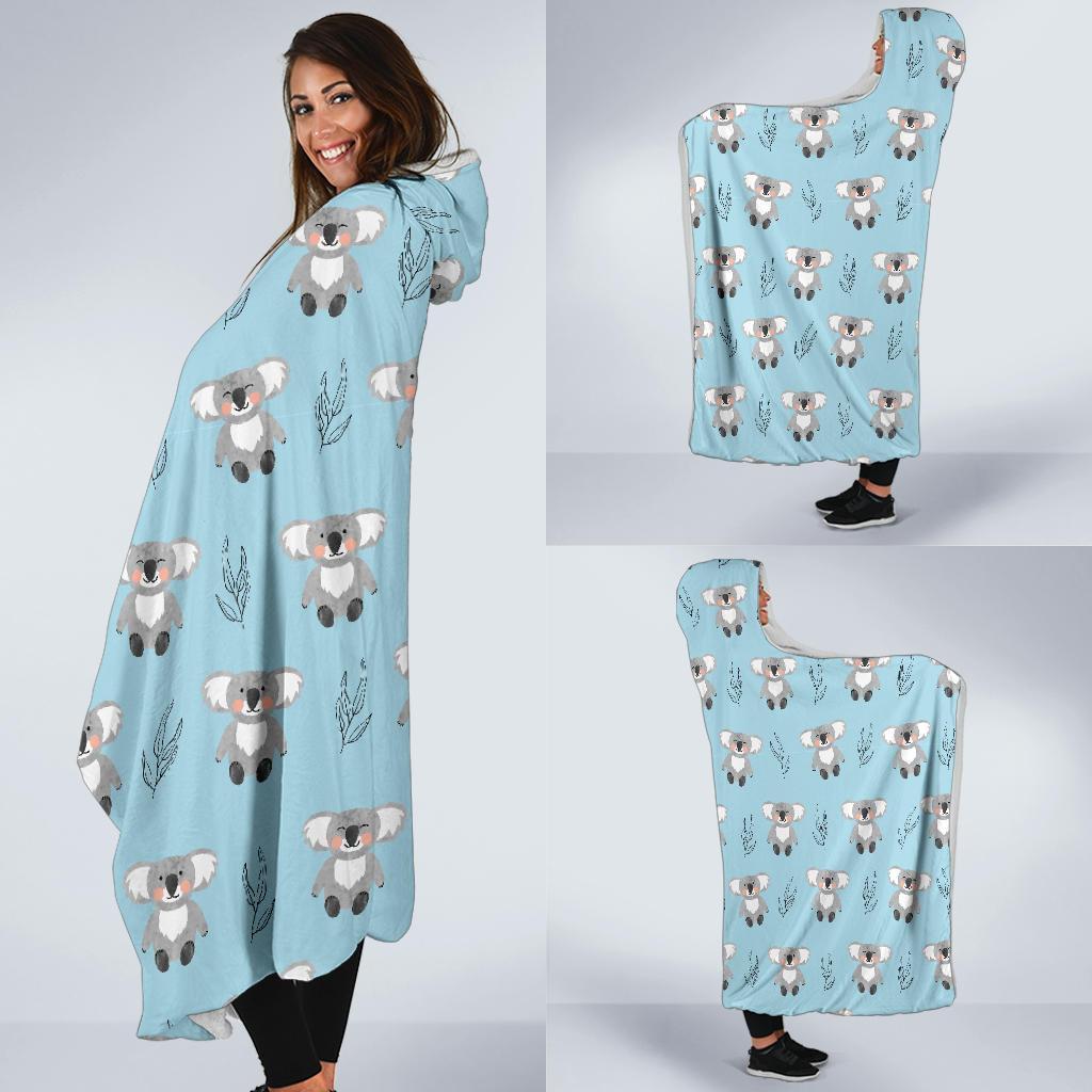 Blue Koala Pattern Print Hooded Blanket-grizzshop