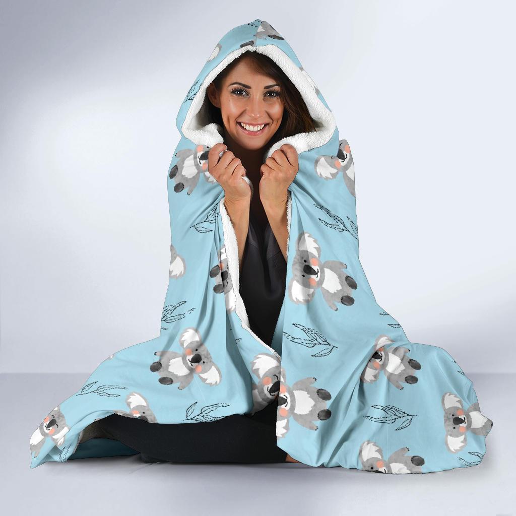 Blue Koala Pattern Print Hooded Blanket-grizzshop