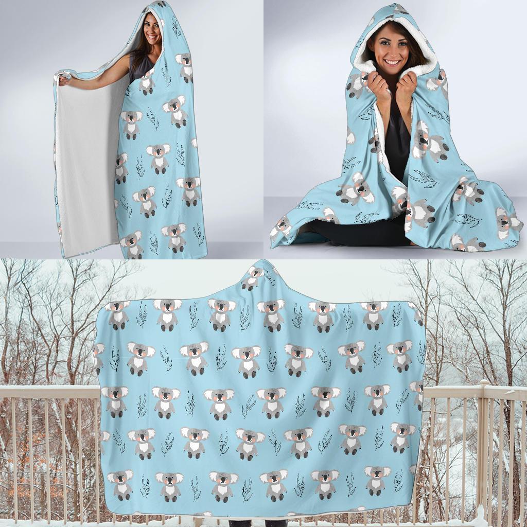 Blue Koala Pattern Print Hooded Blanket-grizzshop