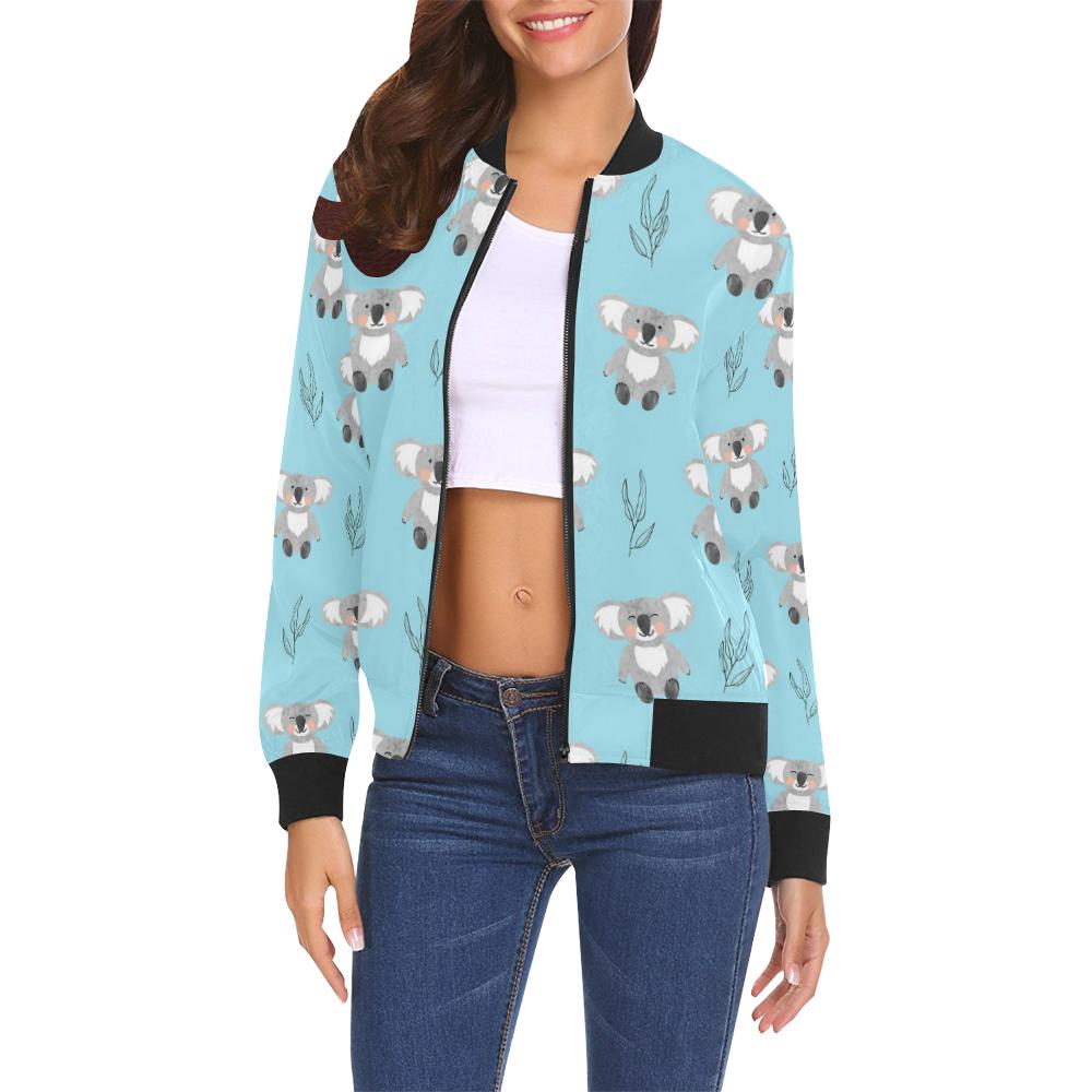 Blue Koala Pattern Print Women Casual Bomber Jacket-grizzshop