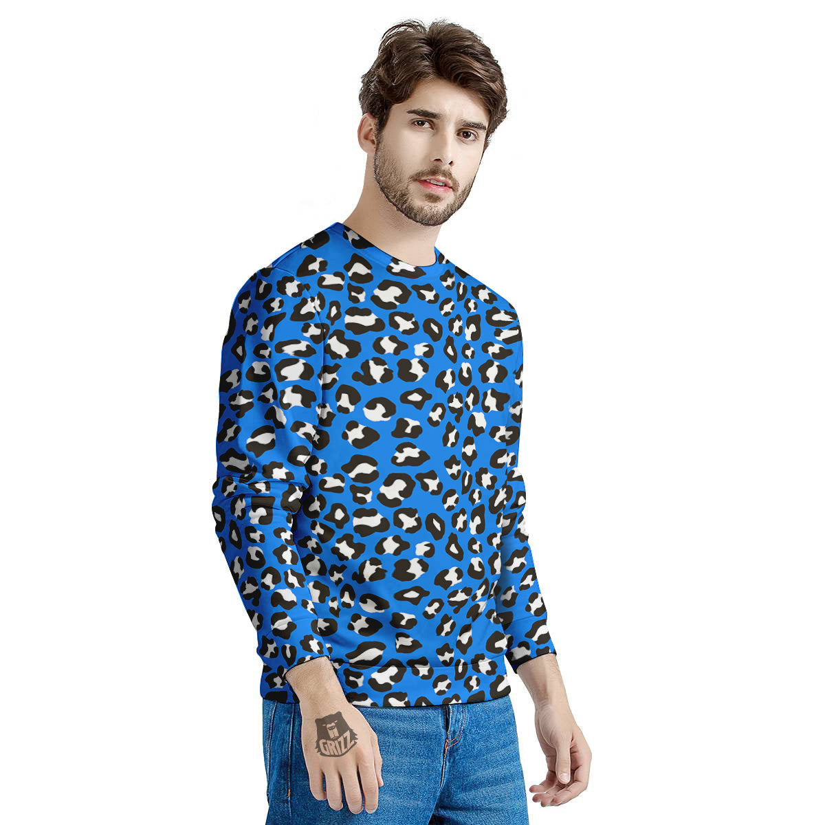 Blue Leopard Print Pattern Men's Sweatshirt-grizzshop