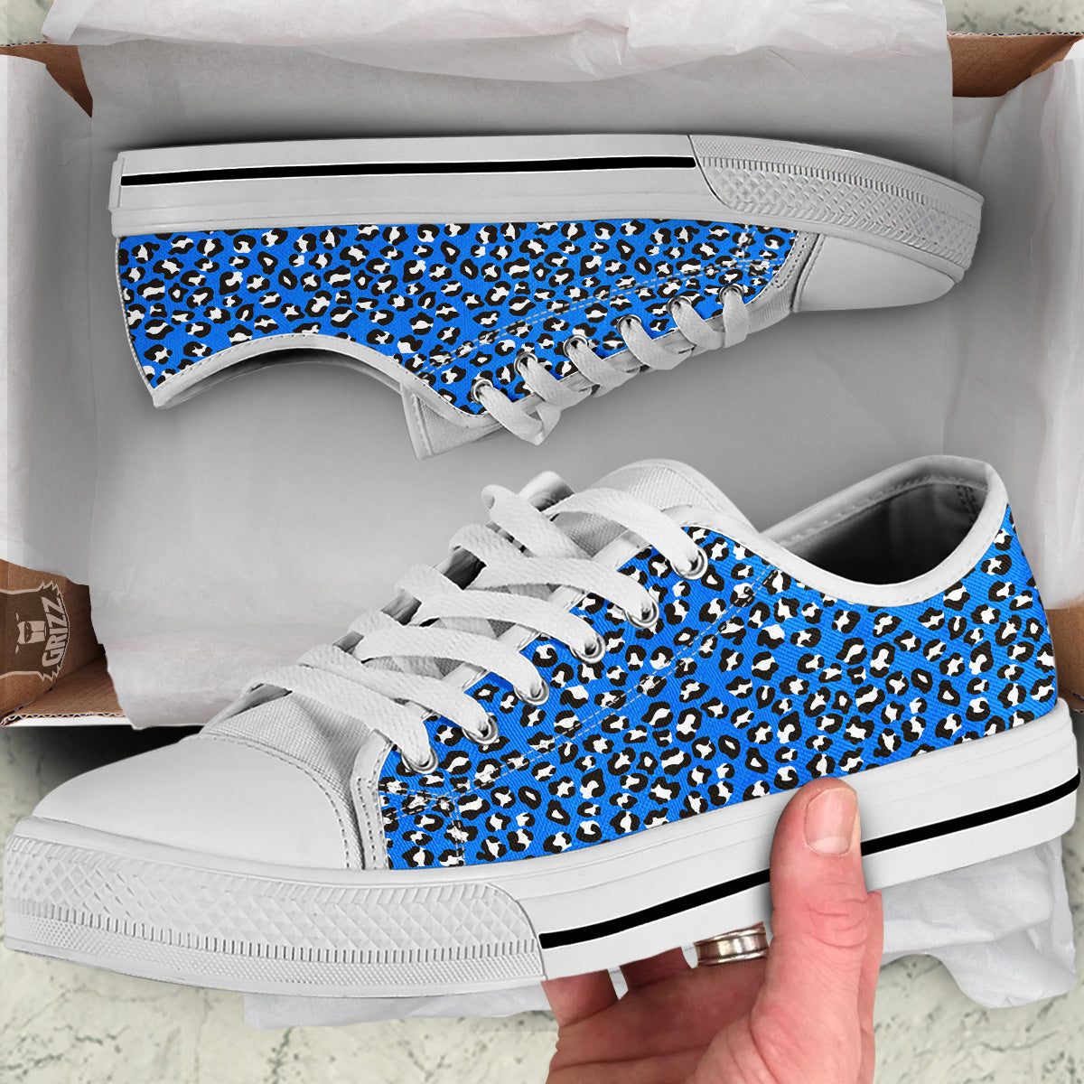 Blue Leopard Print Pattern White Low Top Shoes-grizzshop
