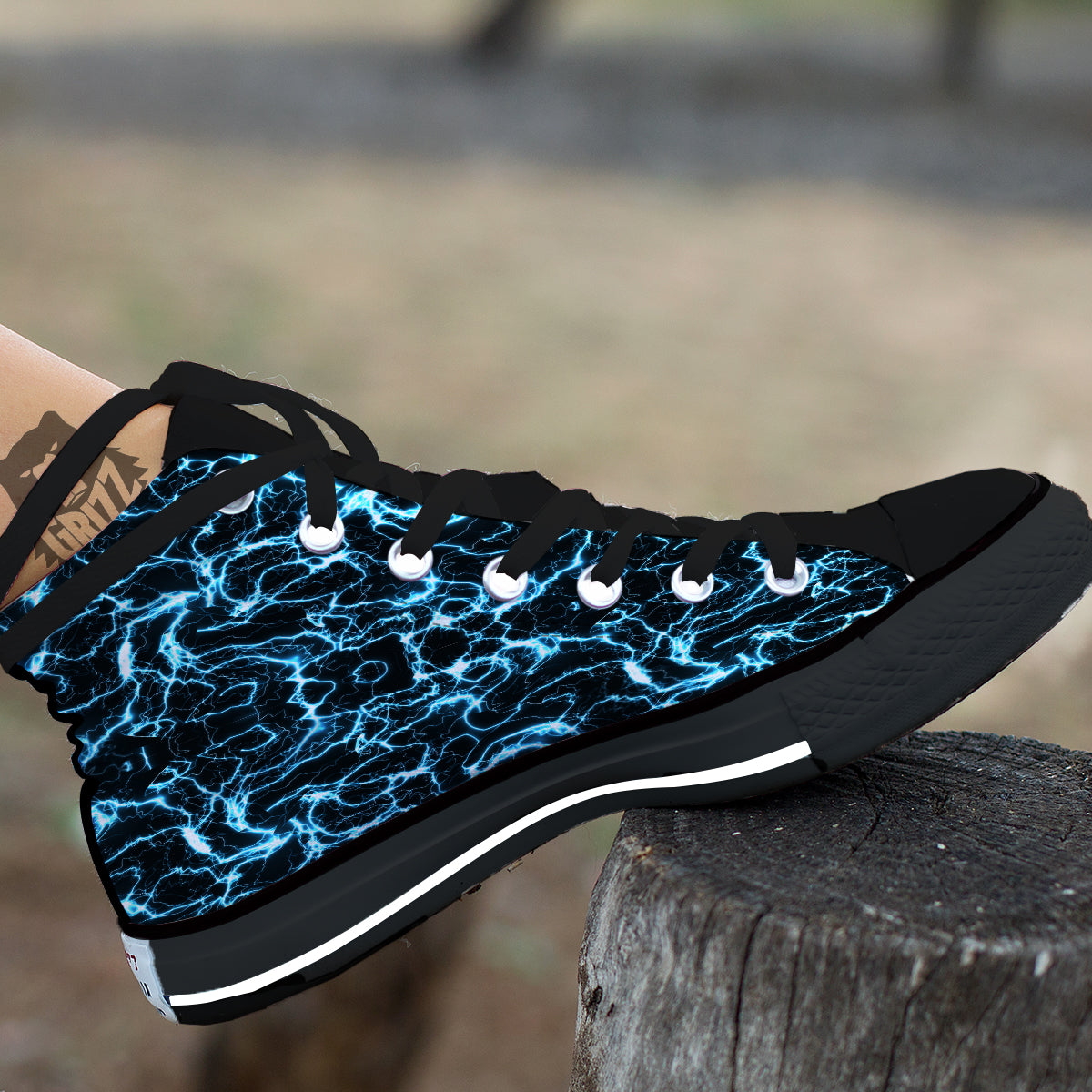 Blue Lightning Explosion Print Pattern Black High Top Shoes-grizzshop