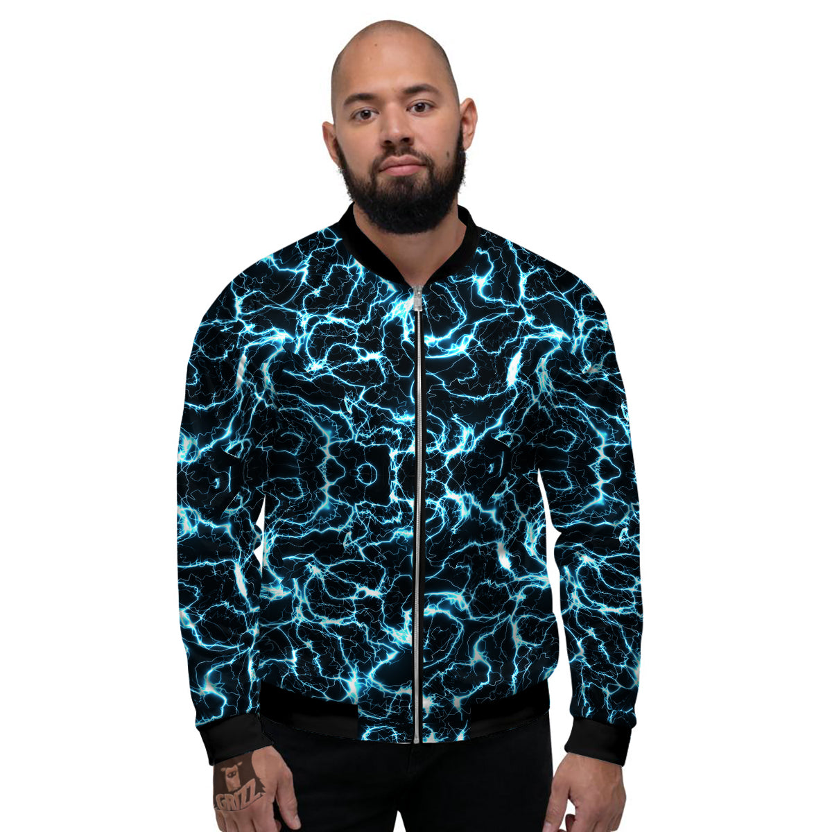 Blue Lightning Explosion Print Pattern Men's Bomber Jacket
