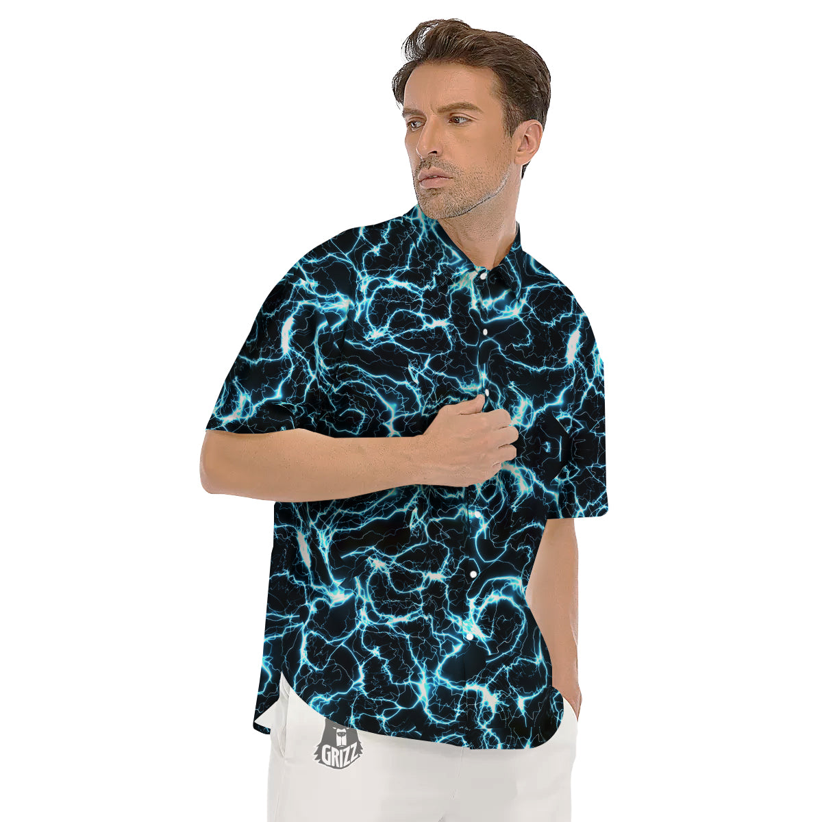 Blue Lightning Explosion Print Pattern Men's Short Sleeve Shirts-grizzshop