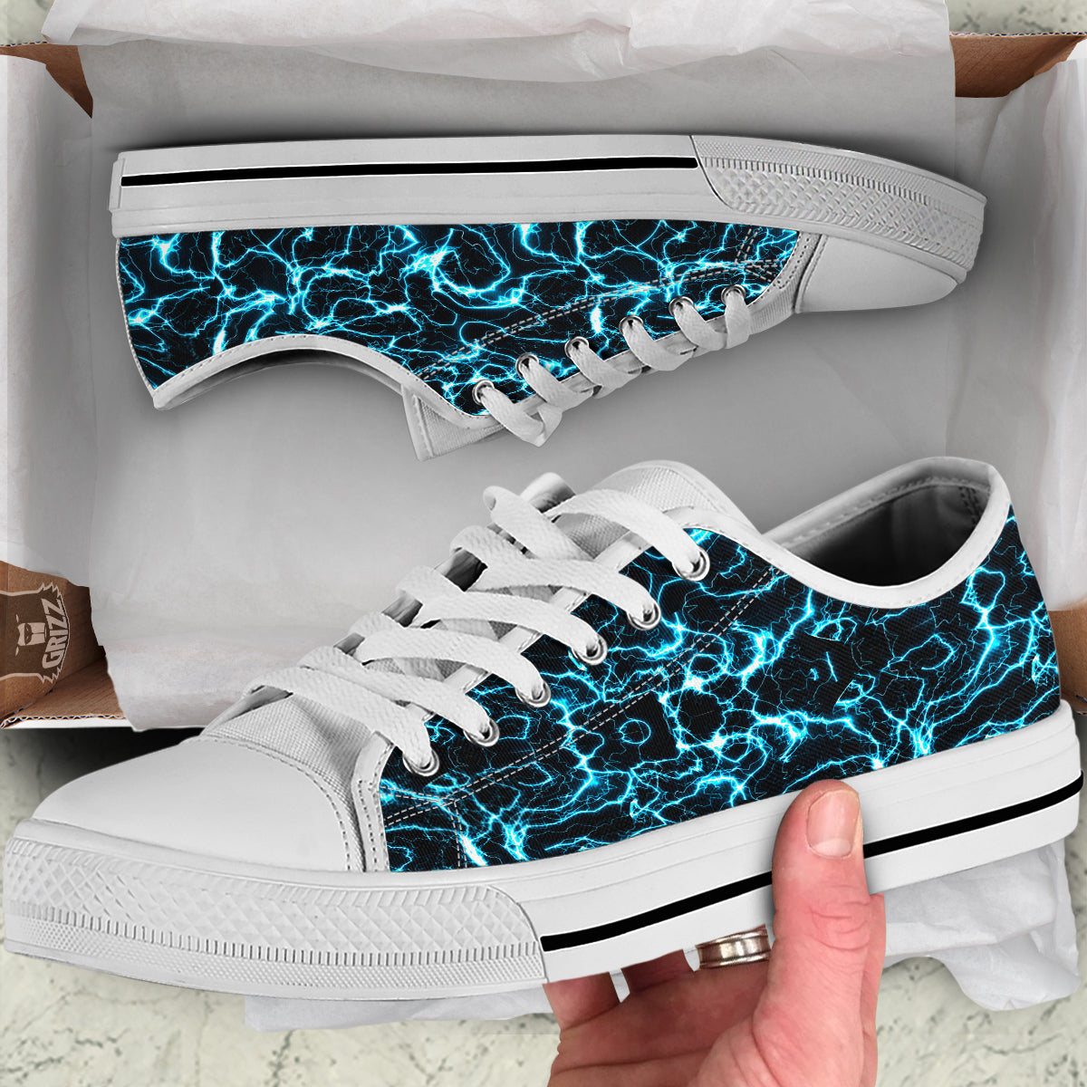 Blue Lightning Explosion Print Pattern White Low Top Shoes-grizzshop