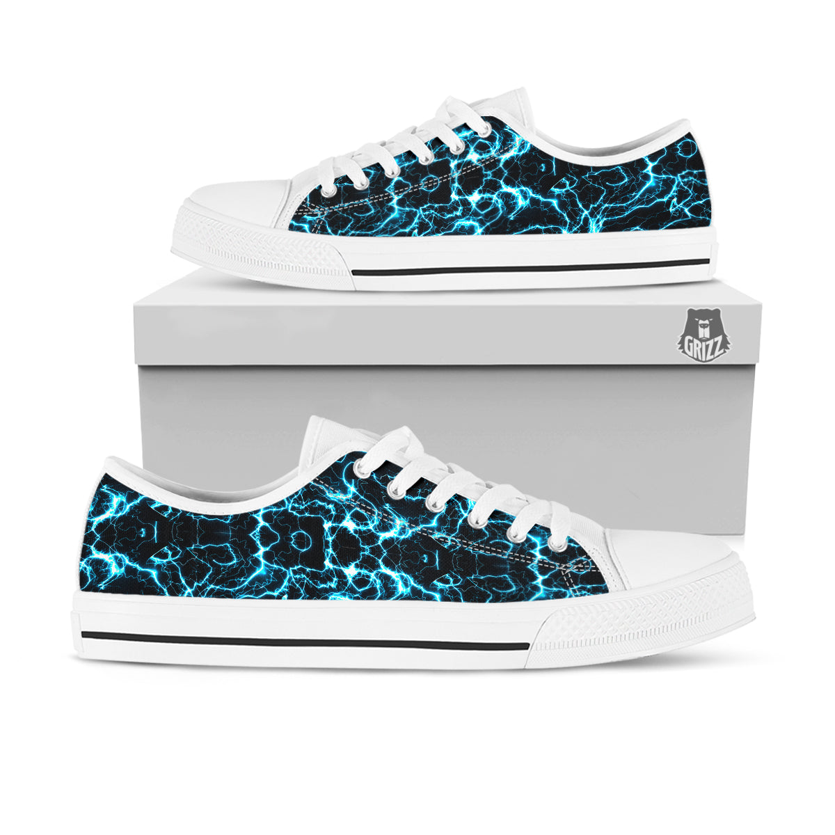 Blue Lightning Explosion Print Pattern White Low Top Shoes-grizzshop