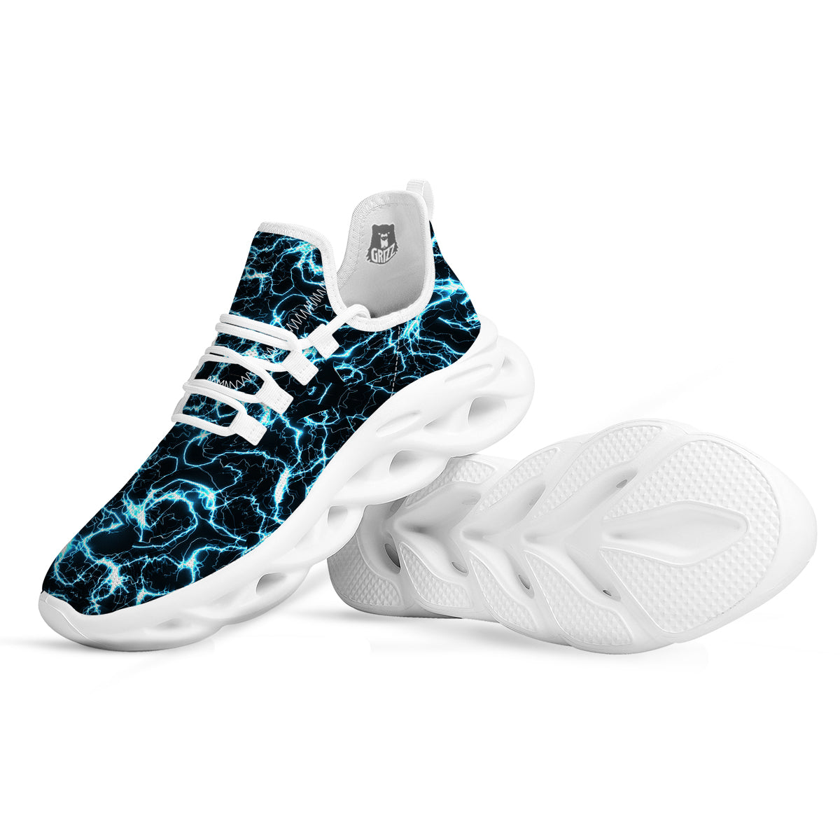 Blue Lightning Explosion Print Pattern White Running Shoes-grizzshop