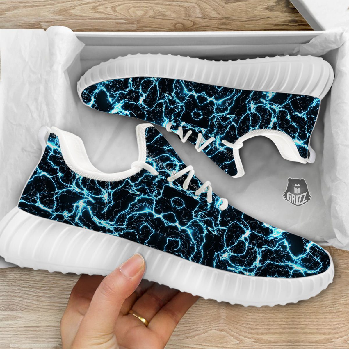 Blue Lightning Explosion Print Pattern White Walking Shoes-grizzshop
