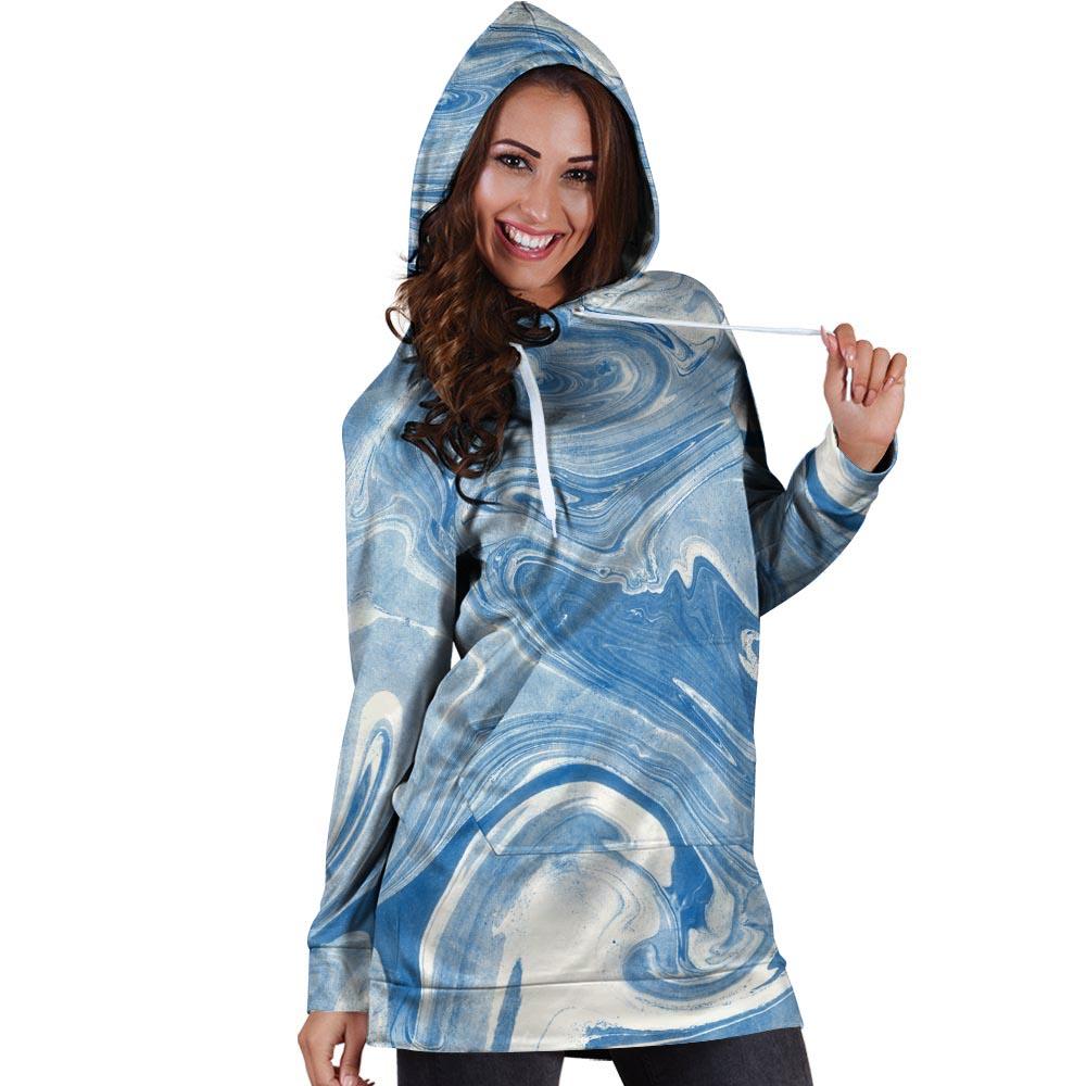 Blue Liquid Marble Hoodie Dress-grizzshop