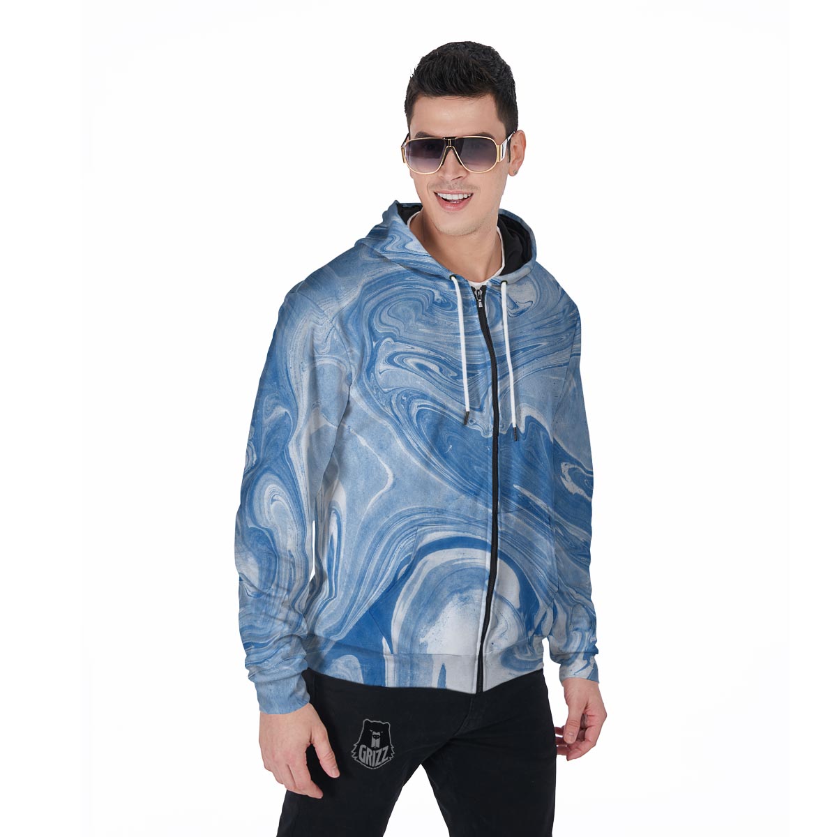 Blue Liquid Marble Men's Zip Up Hoodie-grizzshop