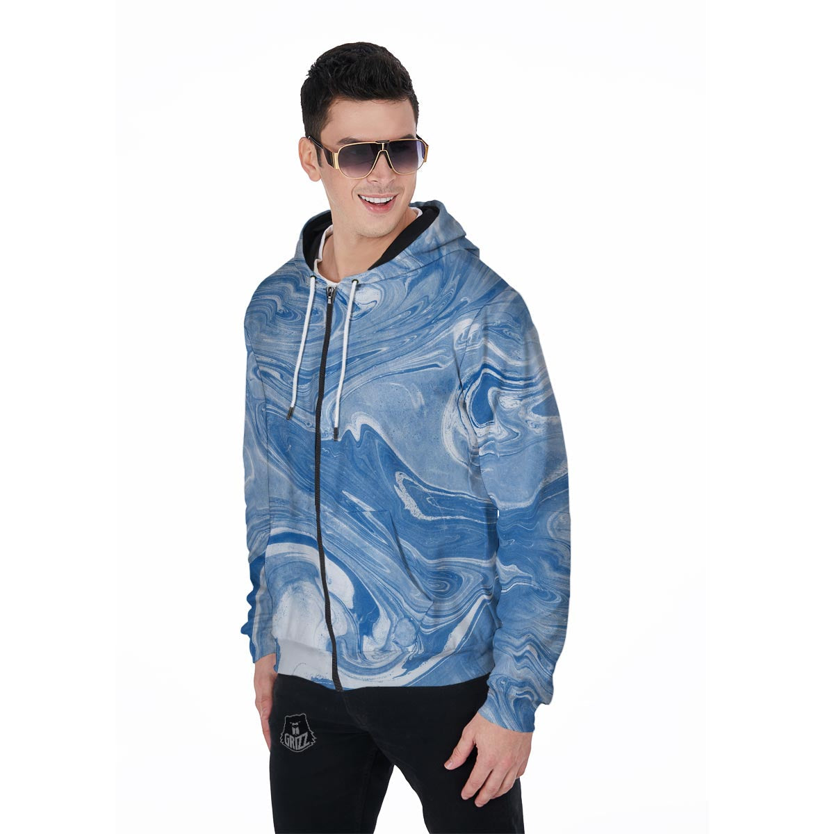 Blue Liquid Marble Men's Zip Up Hoodie-grizzshop
