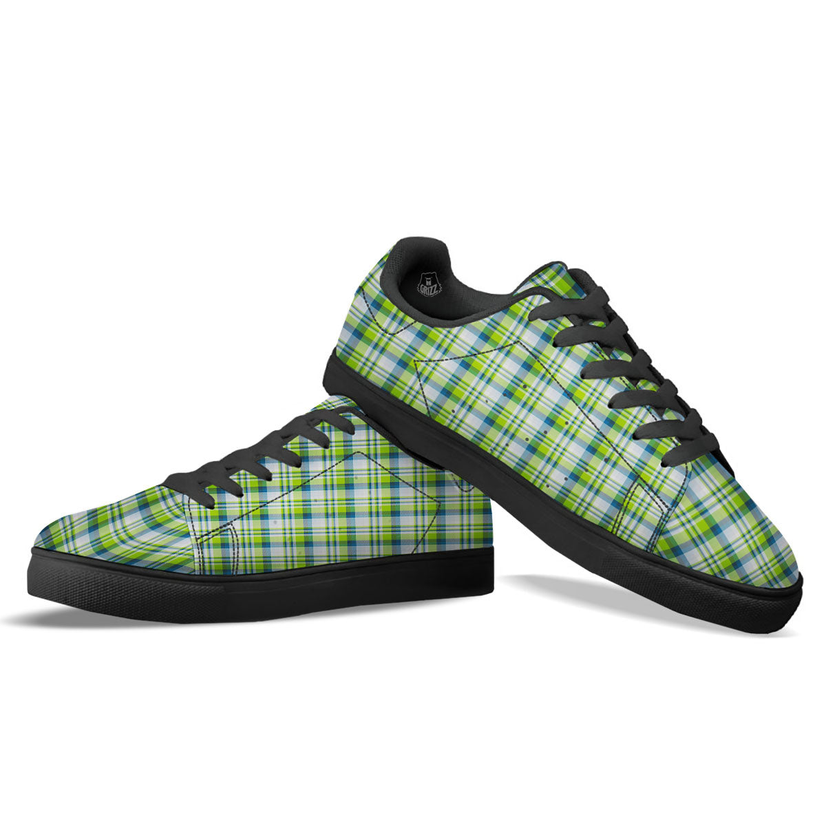 Blue Madras Plaid And Lime Print Pattern Black Low Top Sneakers-grizzshop