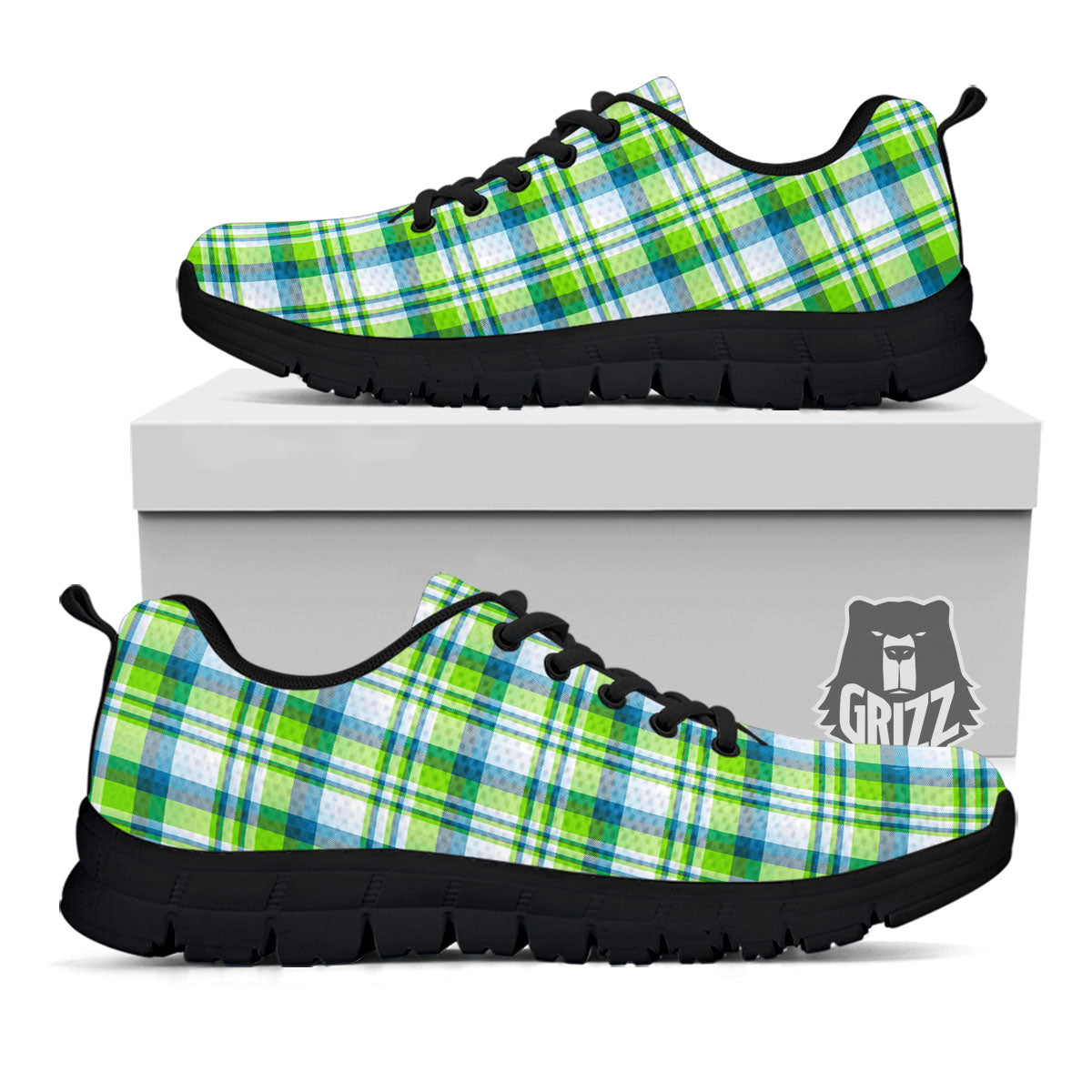 Blue Madras Plaid And Lime Print Pattern Black Sneaker-grizzshop