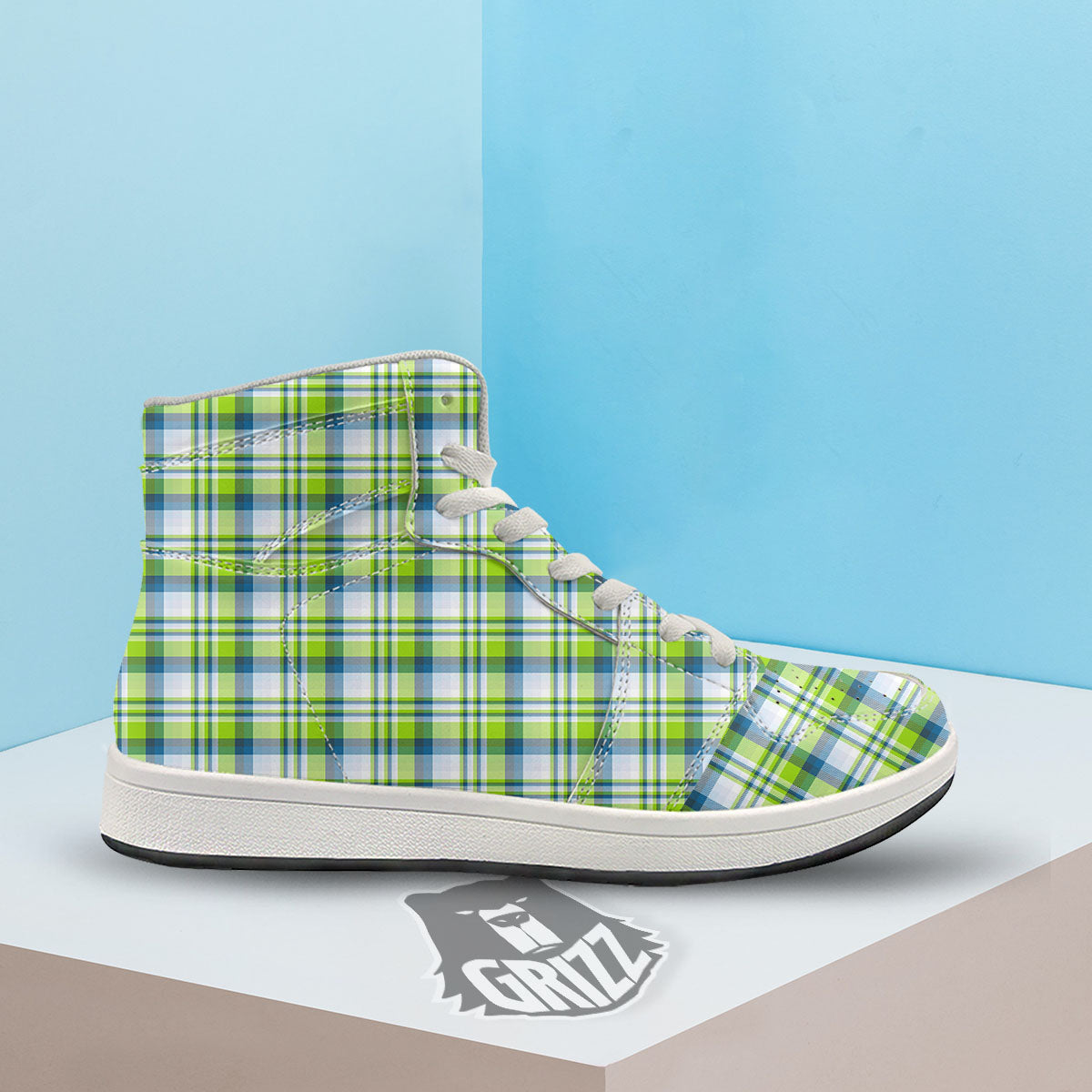 Blue Madras Plaid And Lime Print Pattern High Top Sneakers-grizzshop