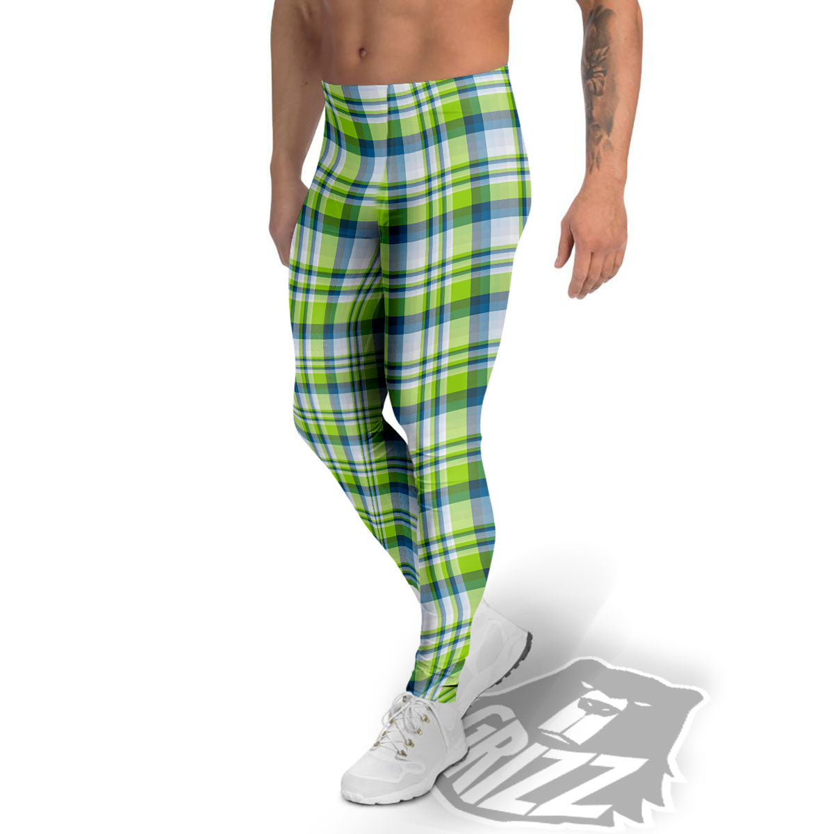 Blue Madras Plaid And Lime Print Pattern Men's Leggings-grizzshop