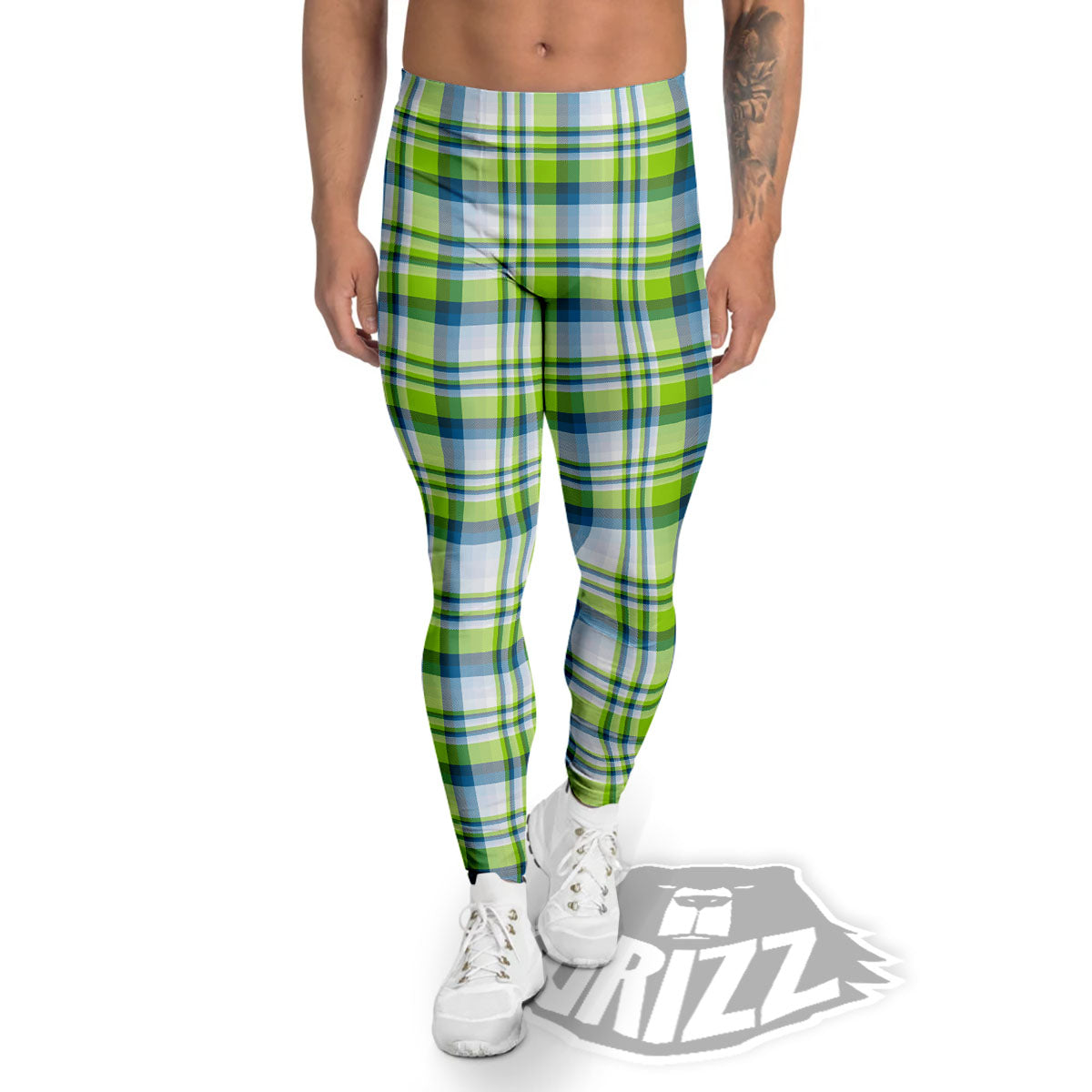 Blue Madras Plaid And Lime Print Pattern Men's Leggings-grizzshop