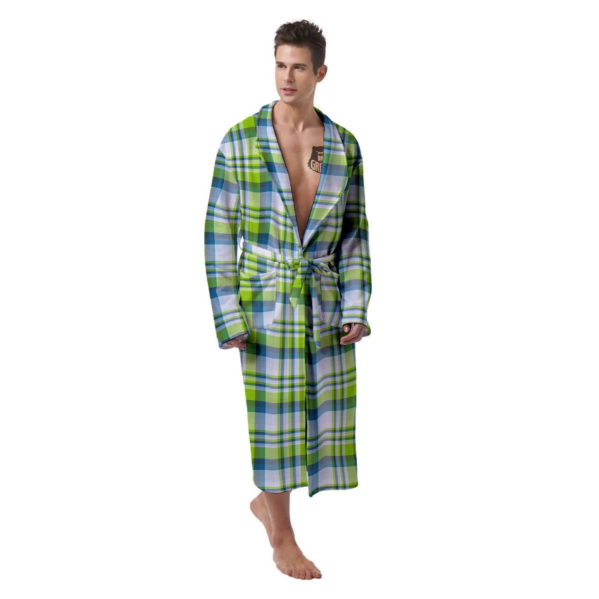 Blue Madras Plaid And Lime Print Pattern Men's Robe-grizzshop