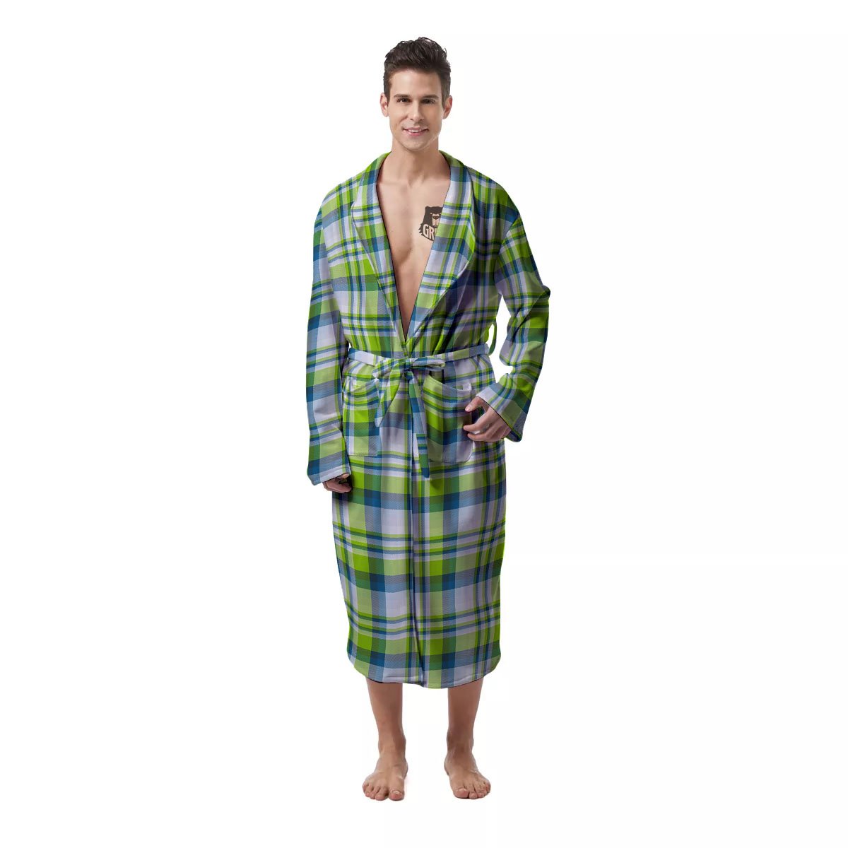Blue Madras Plaid And Lime Print Pattern Men's Robe-grizzshop