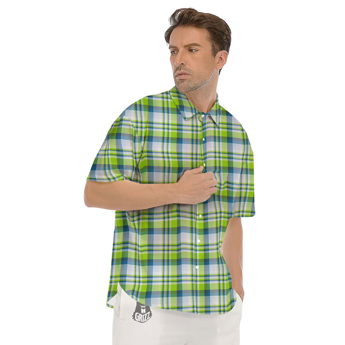 Blue Madras Plaid And Lime Print Pattern Men's Short Sleeve Shirts-grizzshop