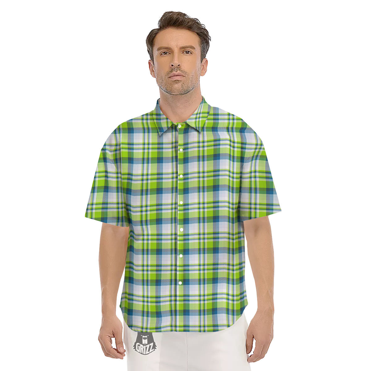 Blue Madras Plaid And Lime Print Pattern Men's Short Sleeve Shirts-grizzshop