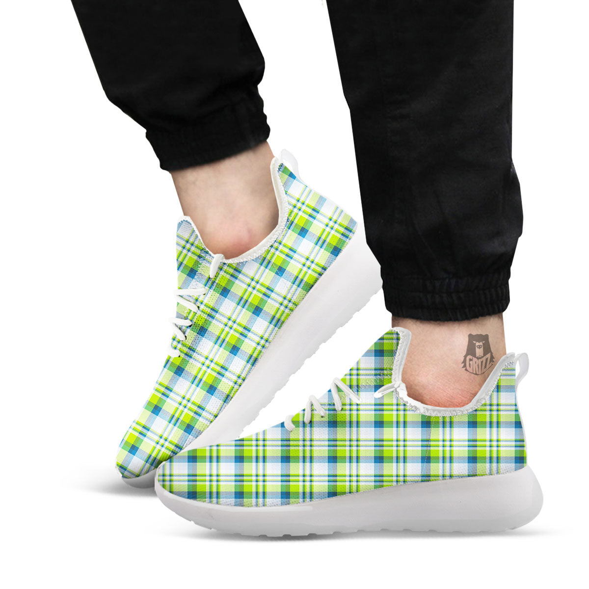 Blue Madras Plaid And Lime Print Pattern White Athletic Shoes-grizzshop