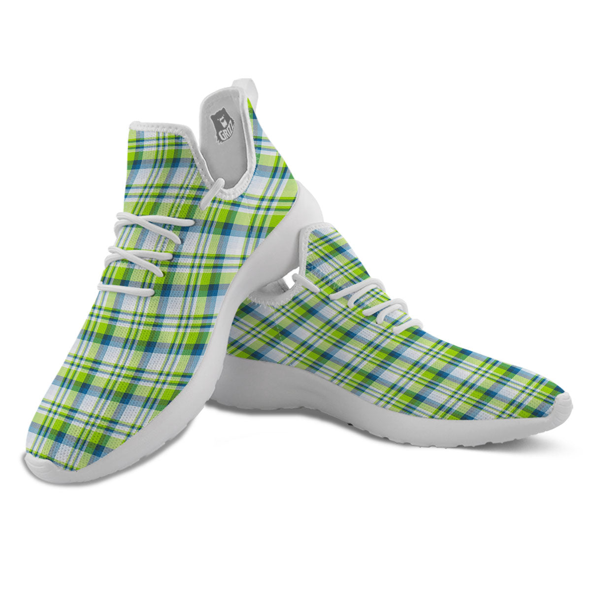 Blue Madras Plaid And Lime Print Pattern White Athletic Shoes-grizzshop