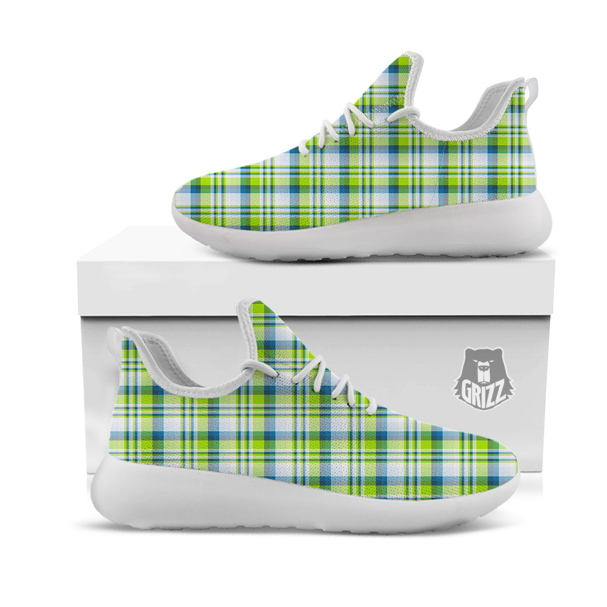 Blue Madras Plaid And Lime Print Pattern White Athletic Shoes-grizzshop