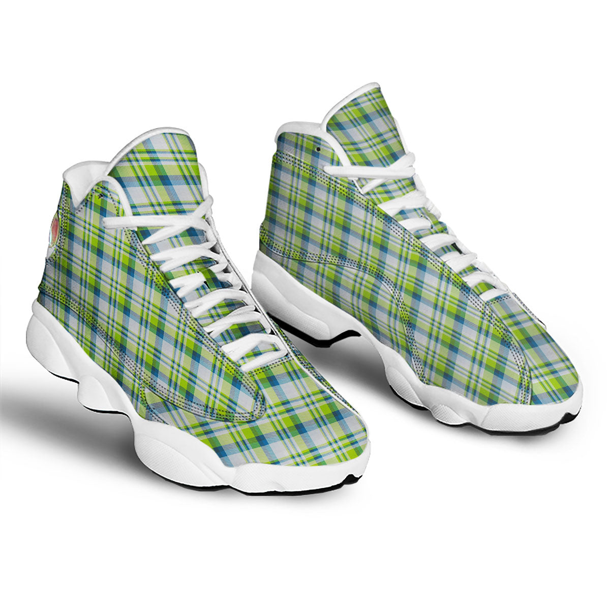 Blue Madras Plaid And Lime Print Pattern White Basketball Shoes-grizzshop