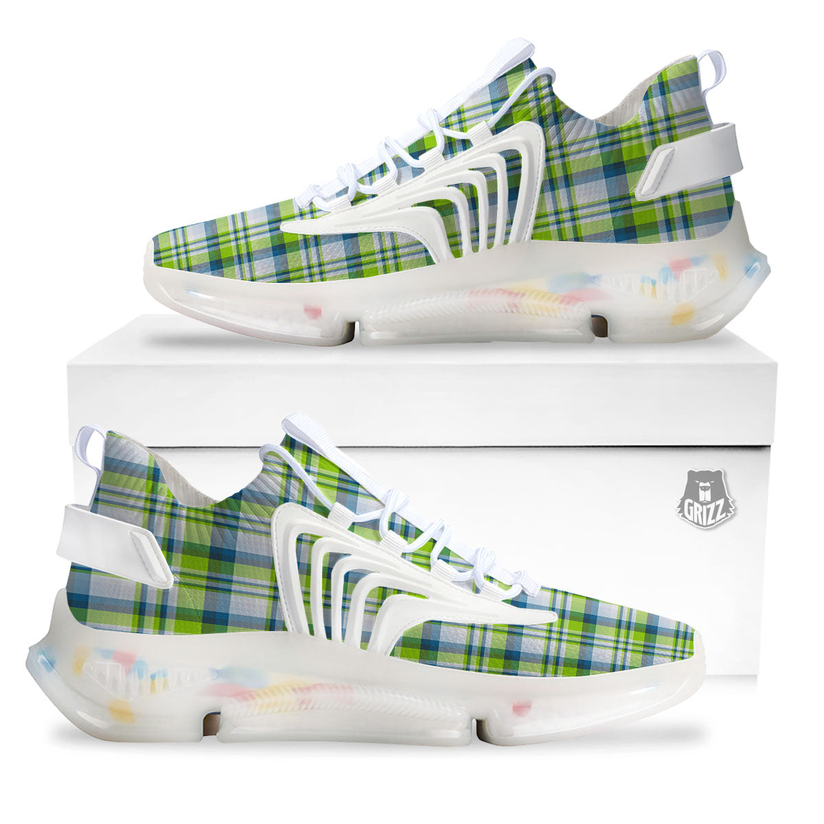 Blue Madras Plaid And Lime Print Pattern White Gym Shoes-grizzshop