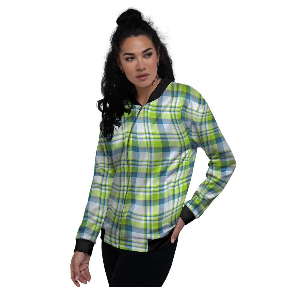Blue Madras Plaid And Lime Print Pattern Women's Bomber Jacket-grizzshop