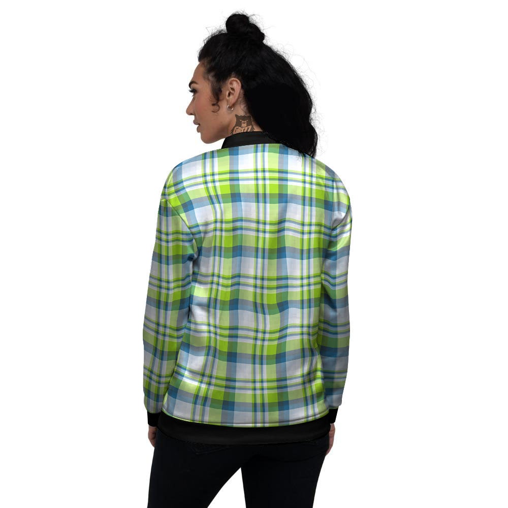 Blue Madras Plaid And Lime Print Pattern Women's Bomber Jacket-grizzshop