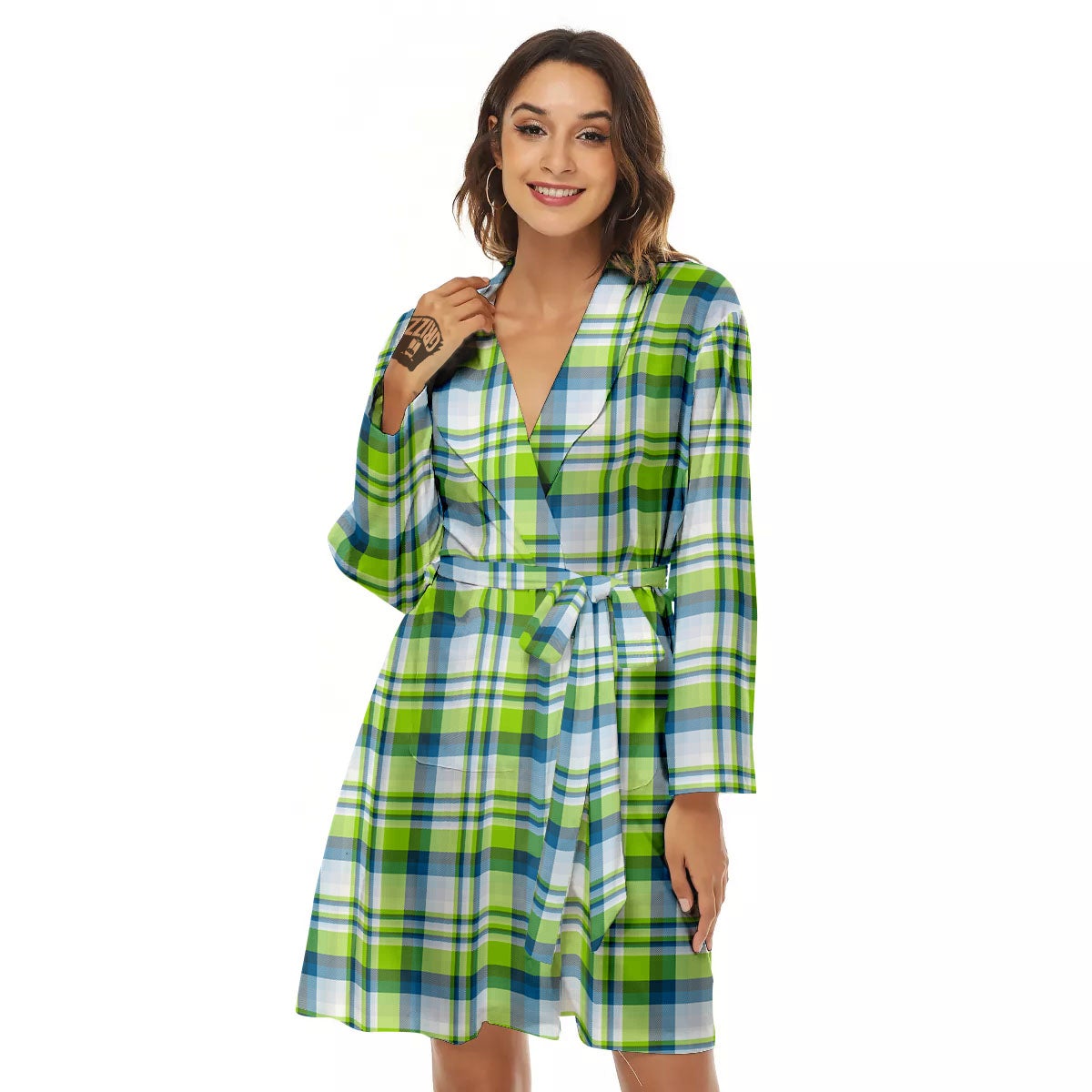Blue Madras Plaid And Lime Print Pattern Women's Robe-grizzshop