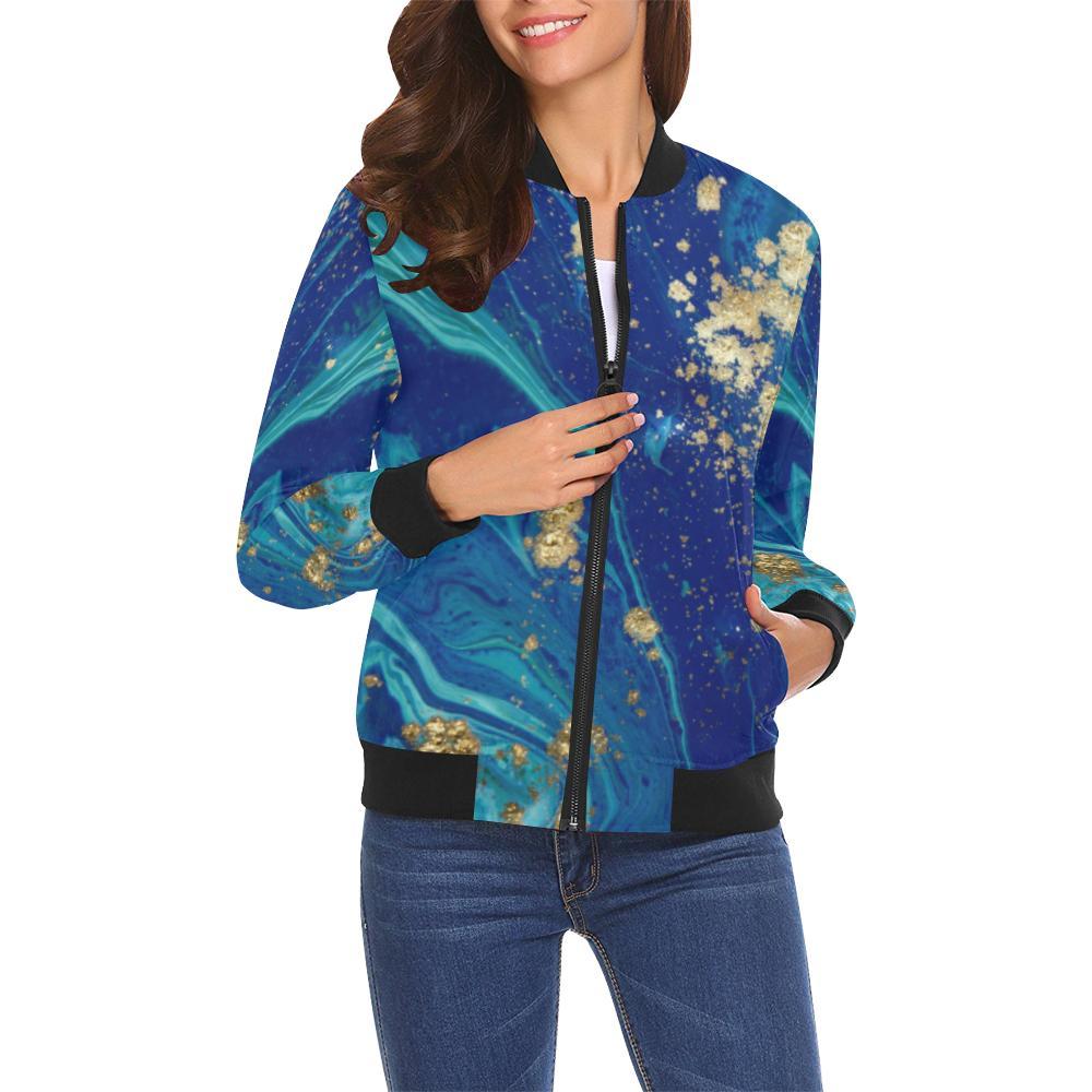 Blue Marble Pattern Print Women Casual Bomber Jacket-grizzshop