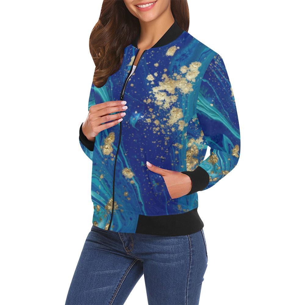 Blue Marble Pattern Print Women Casual Bomber Jacket-grizzshop