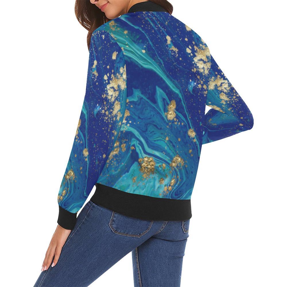 Blue Marble Pattern Print Women Casual Bomber Jacket-grizzshop