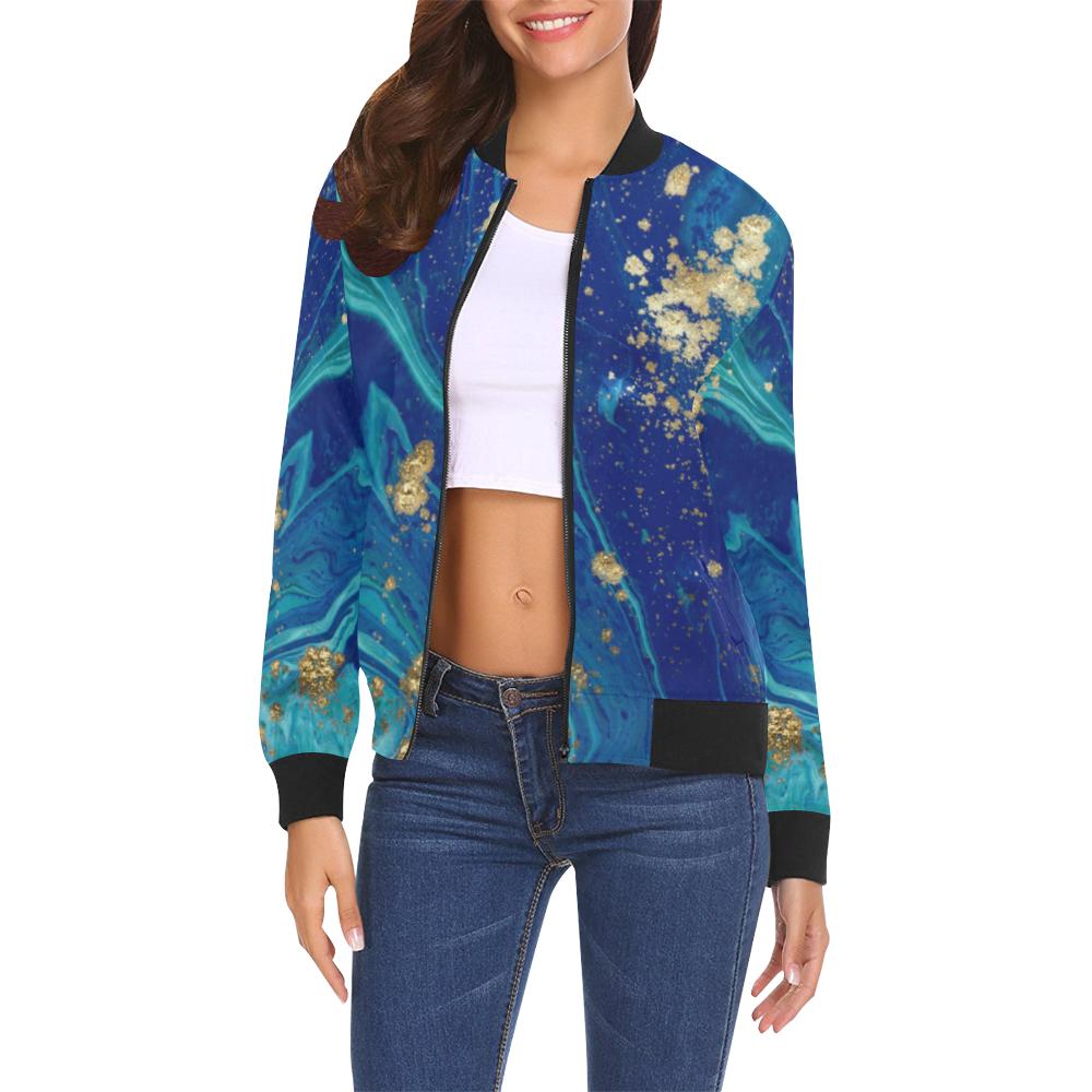 Blue Marble Pattern Print Women Casual Bomber Jacket-grizzshop