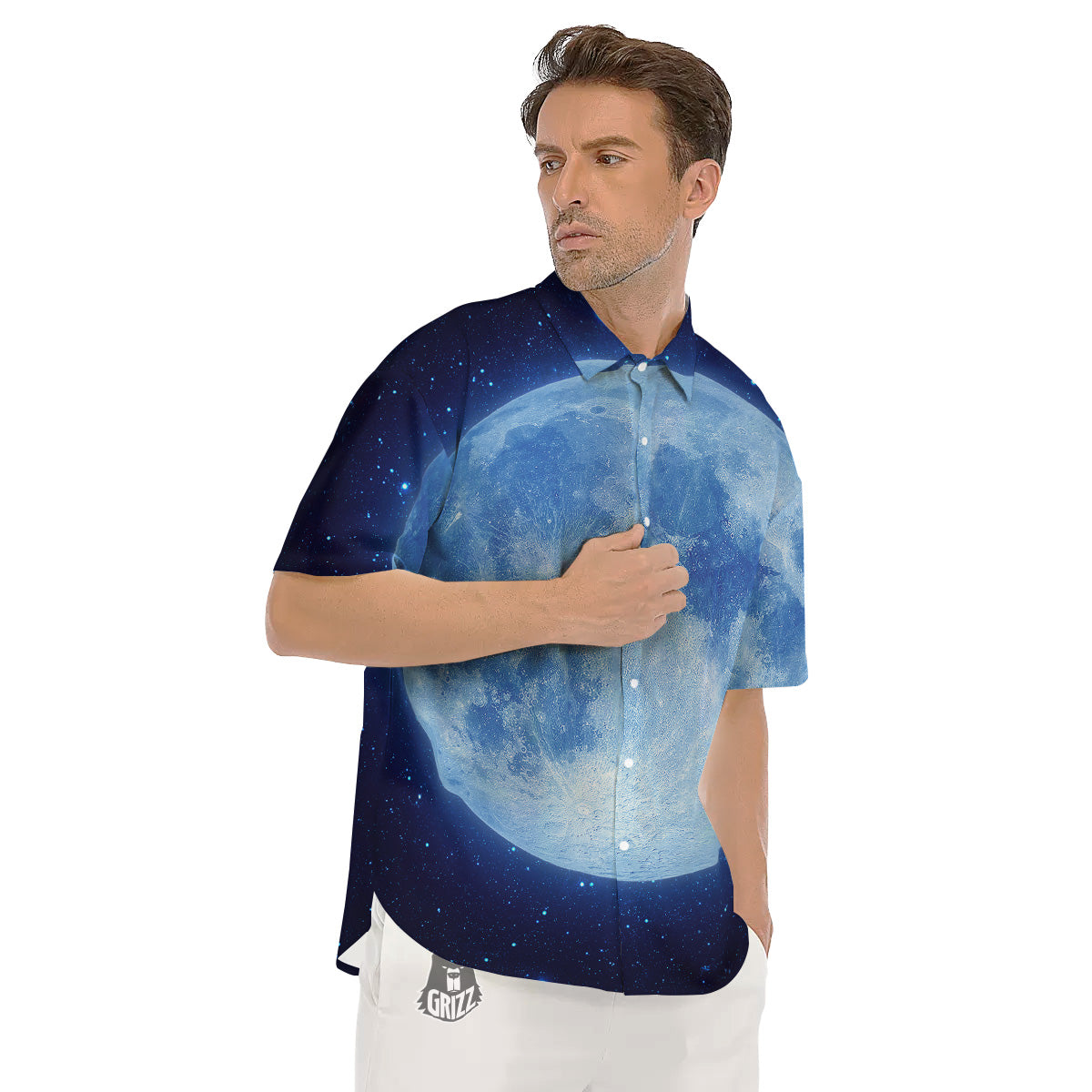 Blue Moon Print Men's Short Sleeve Shirts-grizzshop