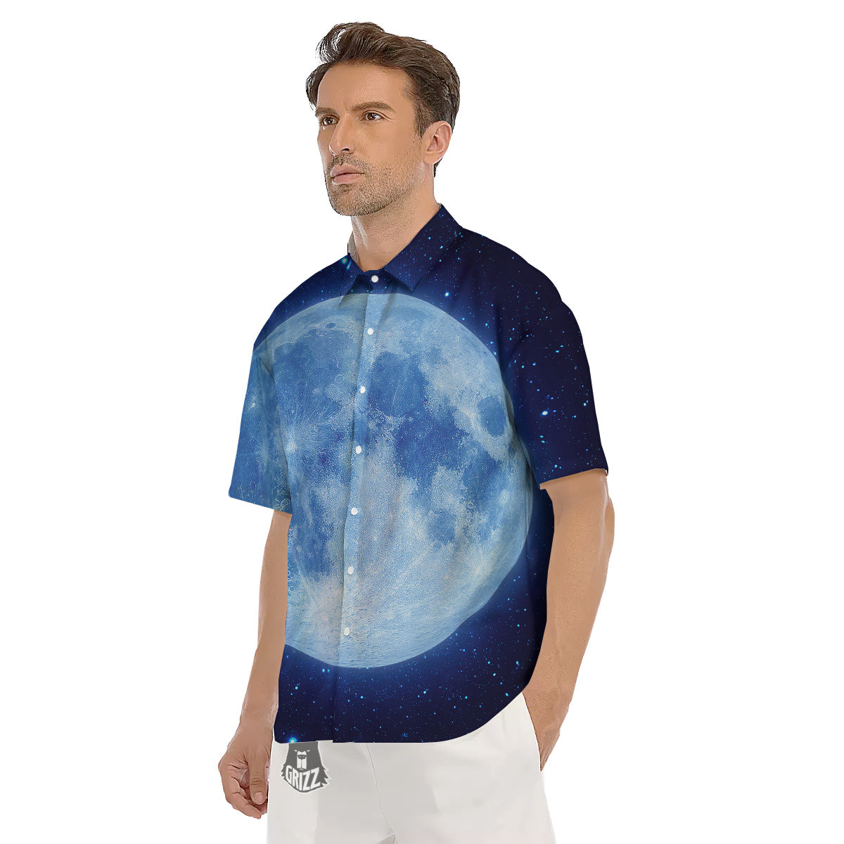 Blue Moon Print Men's Short Sleeve Shirts-grizzshop