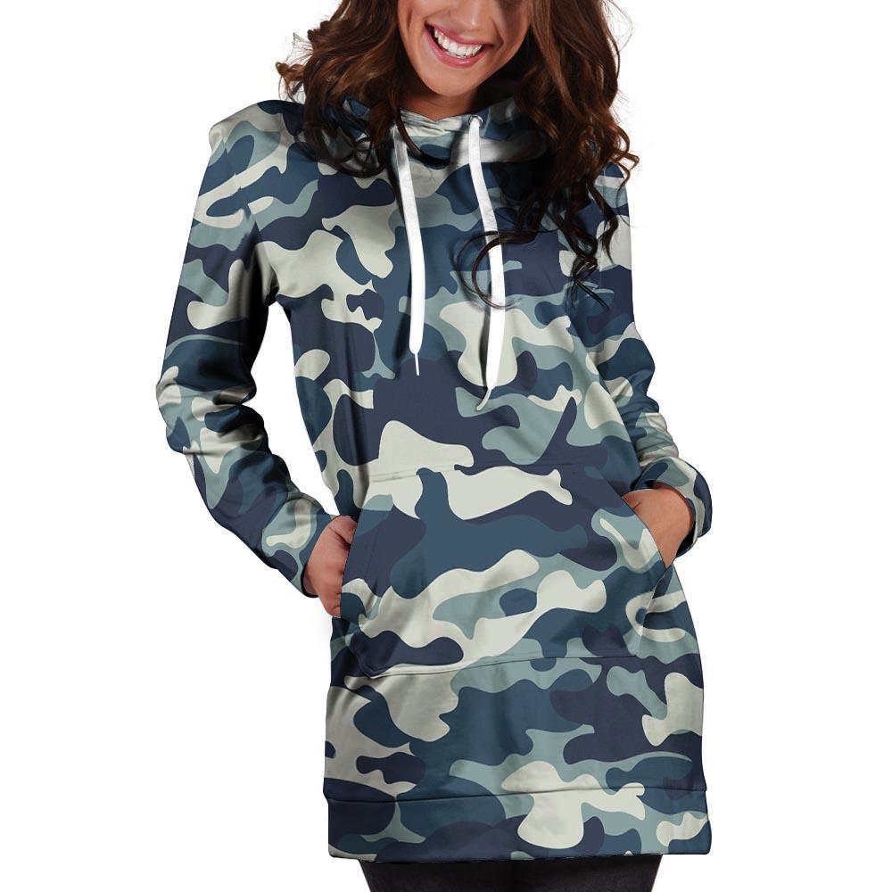 Blue Navy Camo Print Hoodie Dress-grizzshop