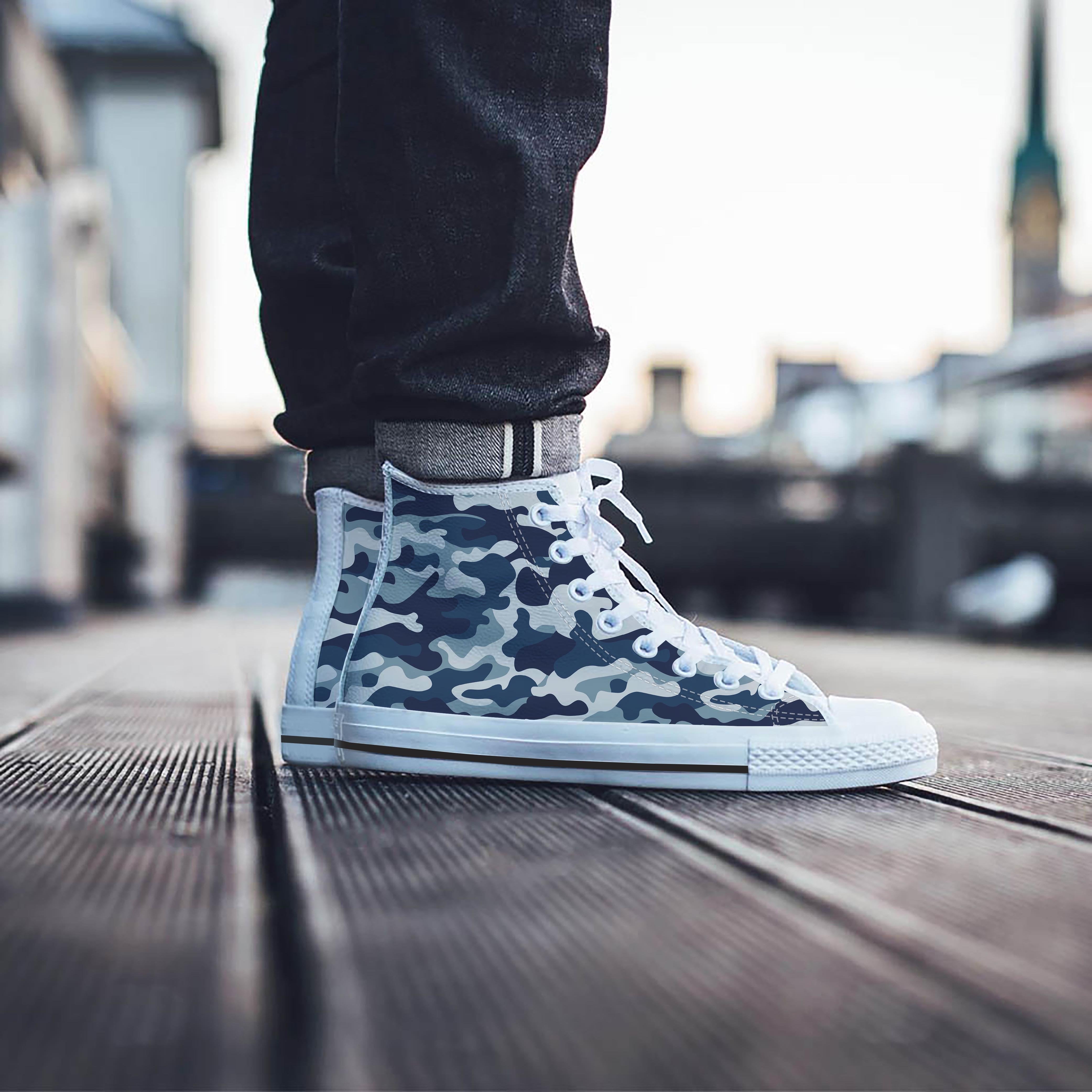 Blue Navy Camo Print Men's High Top Shoes-grizzshop