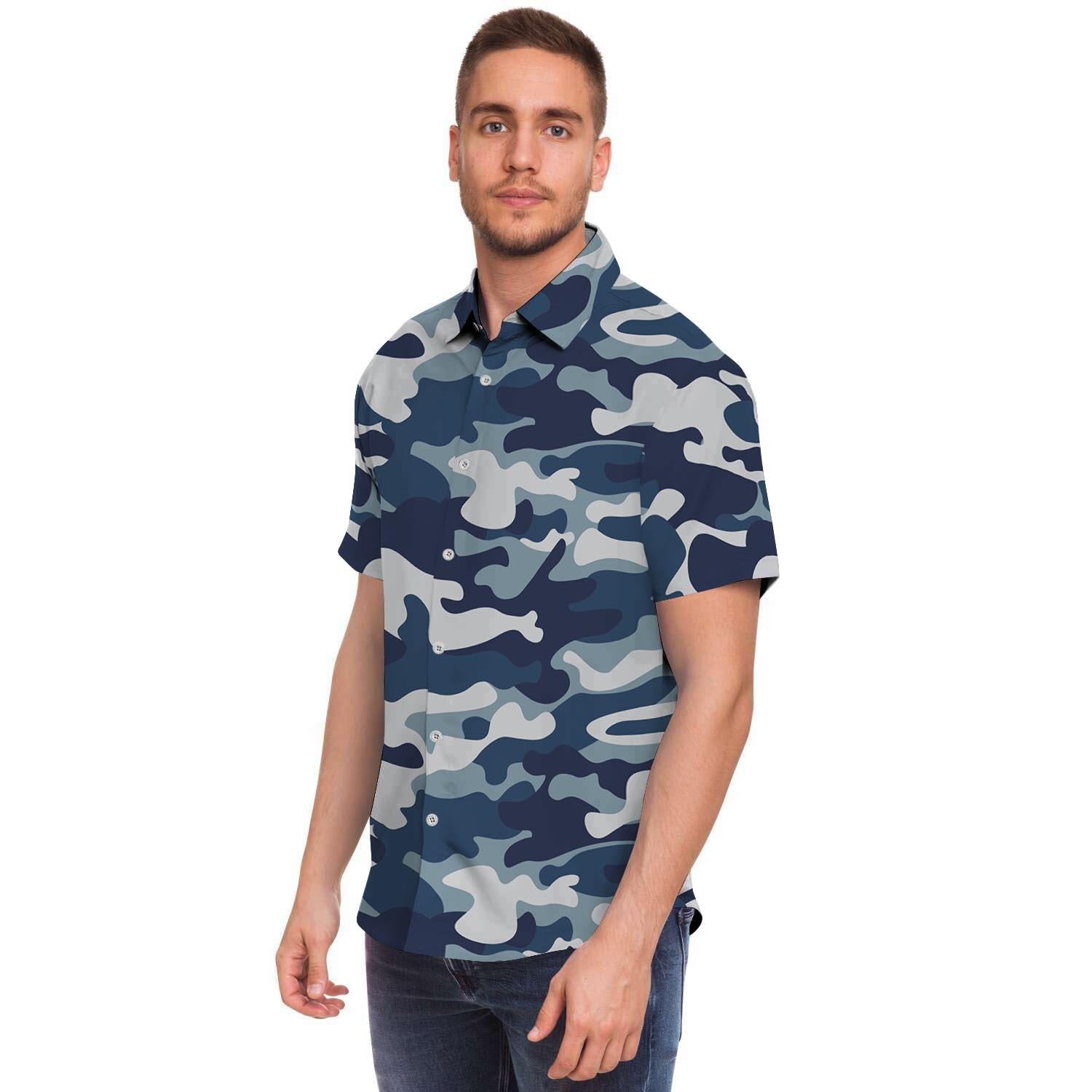 Blue Navy Camo Print Men's Short Sleeve Shirt-grizzshop